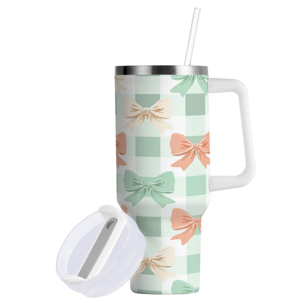 40 oz Insulated Stainless Steel Tumbler Double Wall Stainless Steel Tumbler with 2-Way Drinking Green and Peach Bow Pattern | 4EI8
