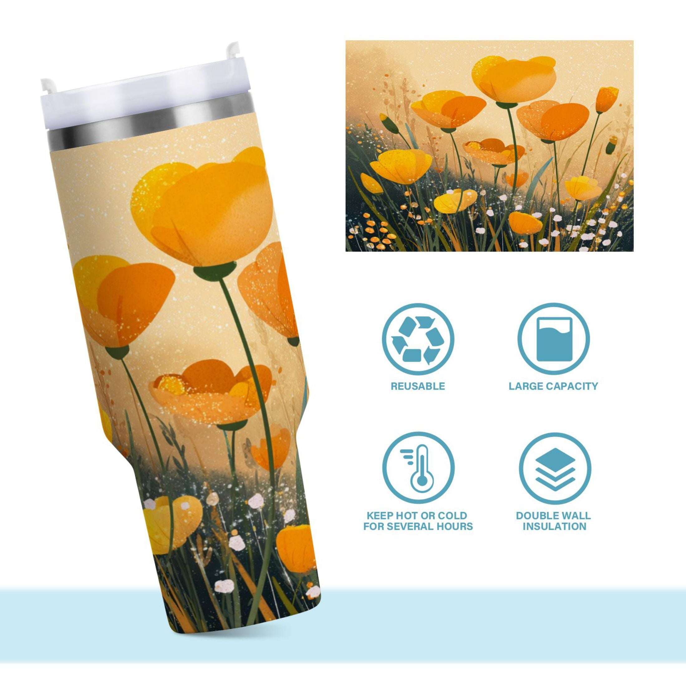 30 oz Insulated Stainless Steel Tumbler Double Wall Stainless Steel Tumbler with 2-Way Drinking Yellow Flowers on The Grass | XOAL