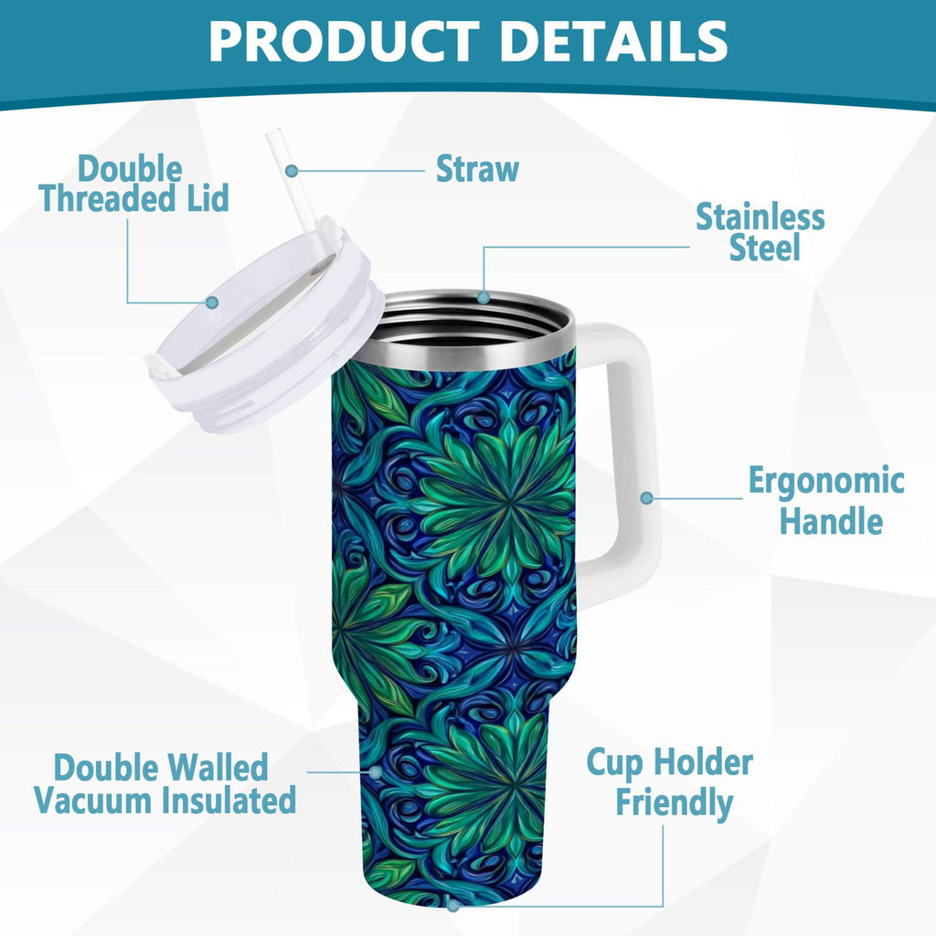 40 oz Insulated Stainless Steel Tumbler Double Wall Stainless Steel Tumbler with 2-Way Drinking Elegant Blue Traditional Patterns | ZRNL