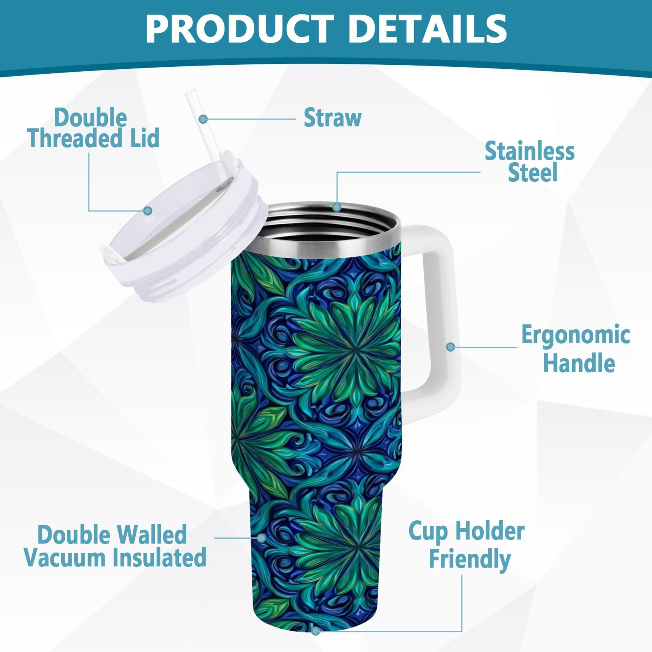 40 oz Insulated Stainless Steel Tumbler Double Wall Stainless Steel Tumbler with 2-Way Drinking Elegant Blue Traditional Patterns | ZRNL