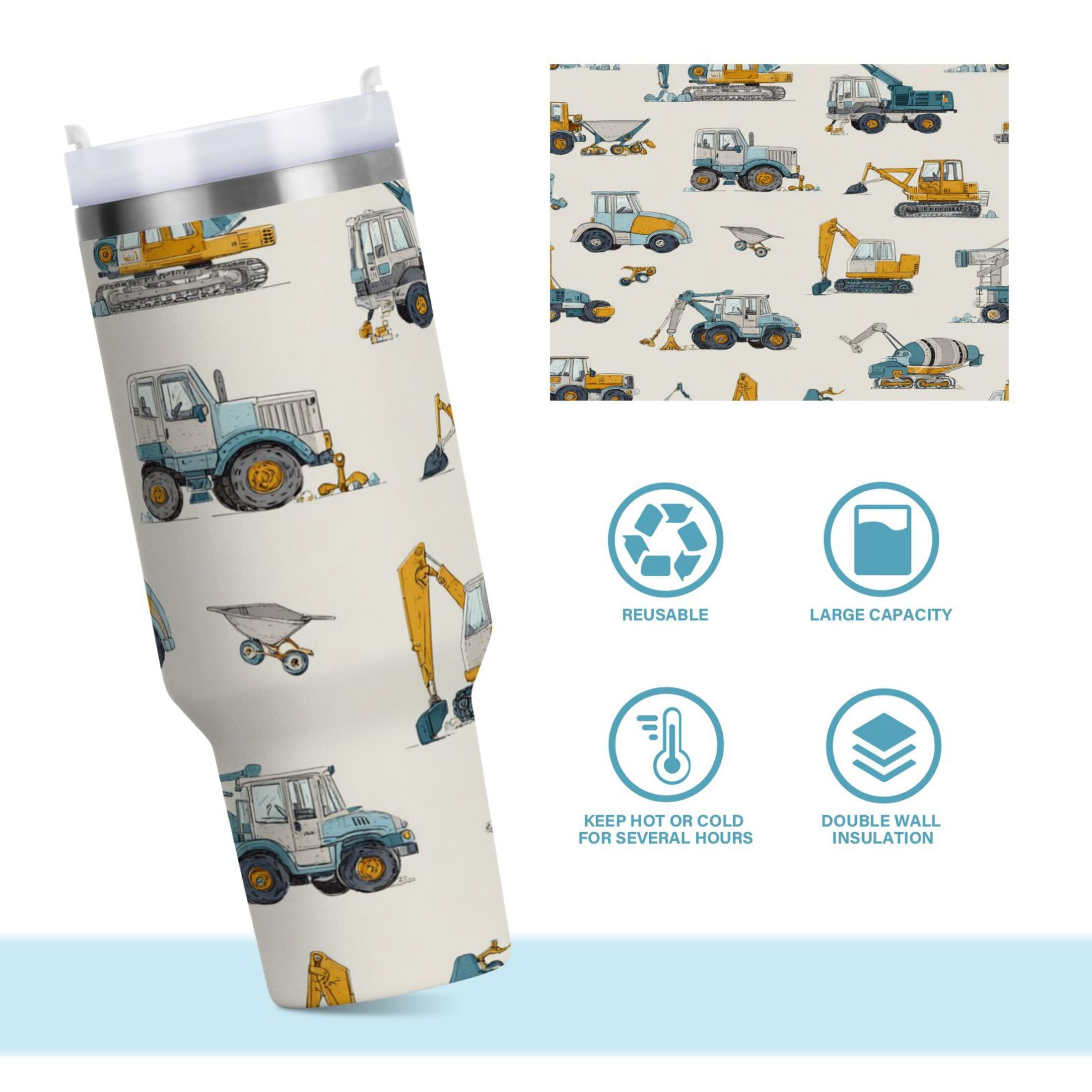 30 oz Insulated Stainless Steel Tumbler Double Wall Stainless Steel Tumbler with 2-Way Drinking Engineering Vehicle Pattern | 50L8