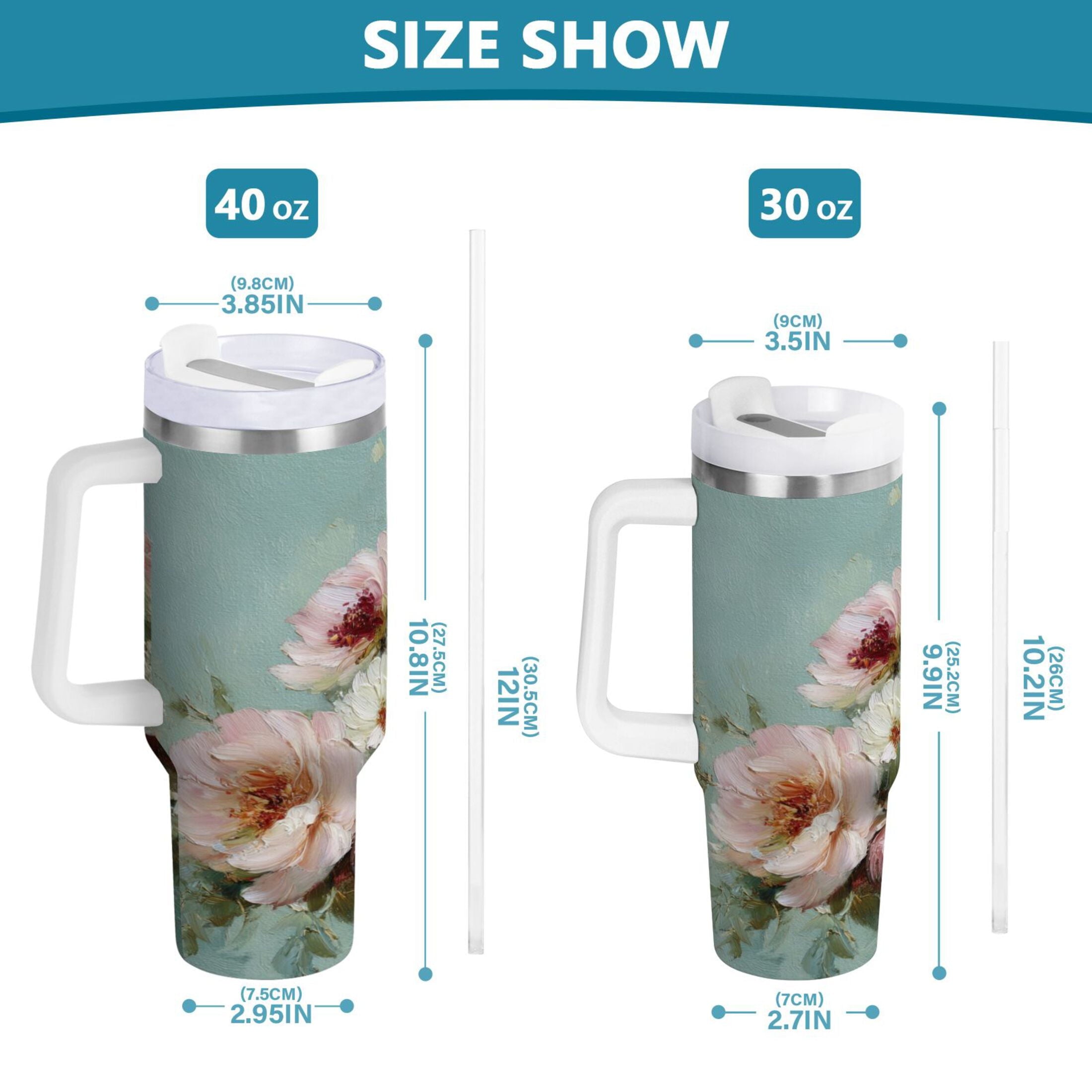 40 oz Insulated Stainless Steel Tumbler Double Wall Stainless Steel Tumbler with 2-Way Drinking Vintage Peonies and Daisies | 0ZIT