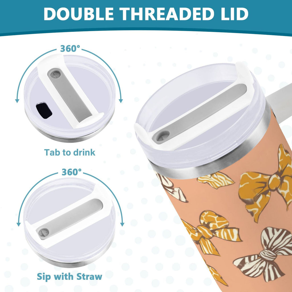 40 oz Insulated Stainless Steel Tumbler Double Wall Stainless Steel Tumbler with 2-Way Drinking Cute Animal Print Bows | 0X71