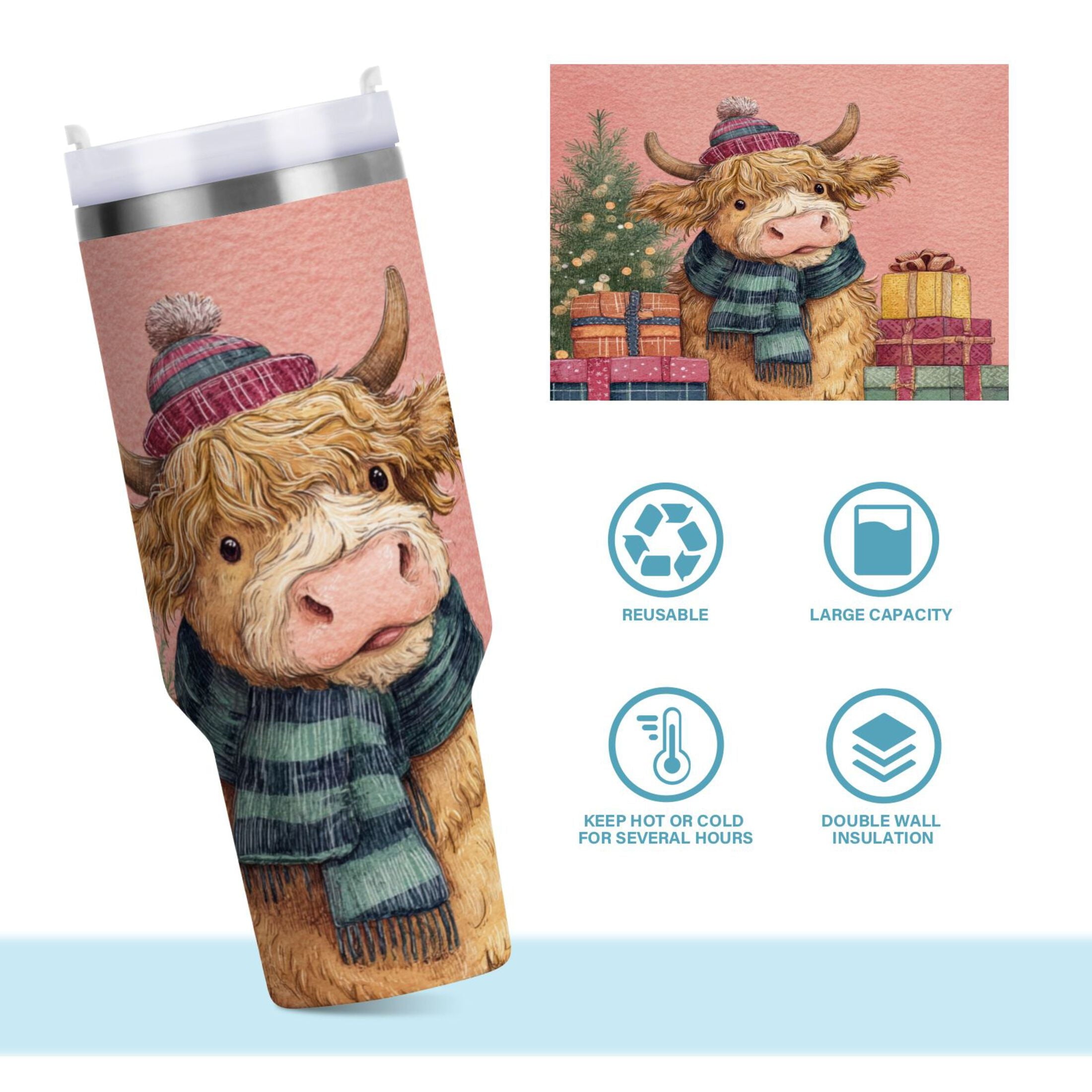 30 oz Insulated Stainless Steel Tumbler Double Wall Stainless Steel Tumbler with 2-Way Drinking Cow Wearing Scarf and Hat | SMZO
