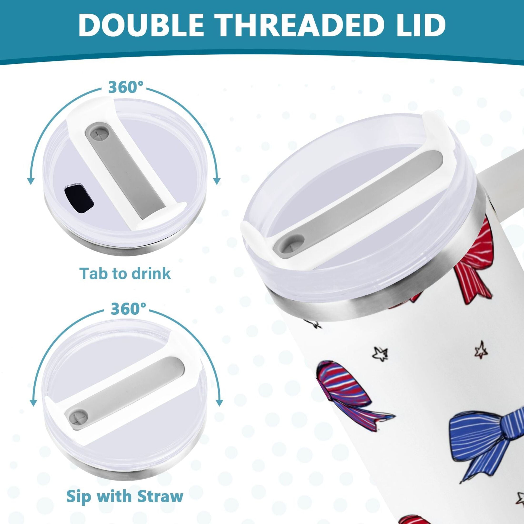 30 oz Insulated Stainless Steel Tumbler Double Wall Stainless Steel Tumbler with 2-Way Drinking Red and Blue Stripe Bows | CK7X