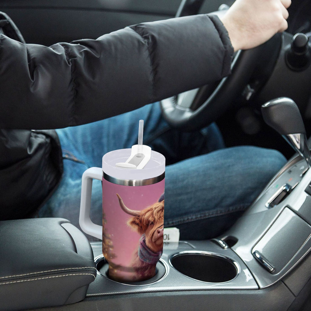 30 oz Insulated Stainless Steel Tumbler Double Wall Stainless Steel Tumbler with 2-Way Drinking Cow Wearing Christmas | QHA8