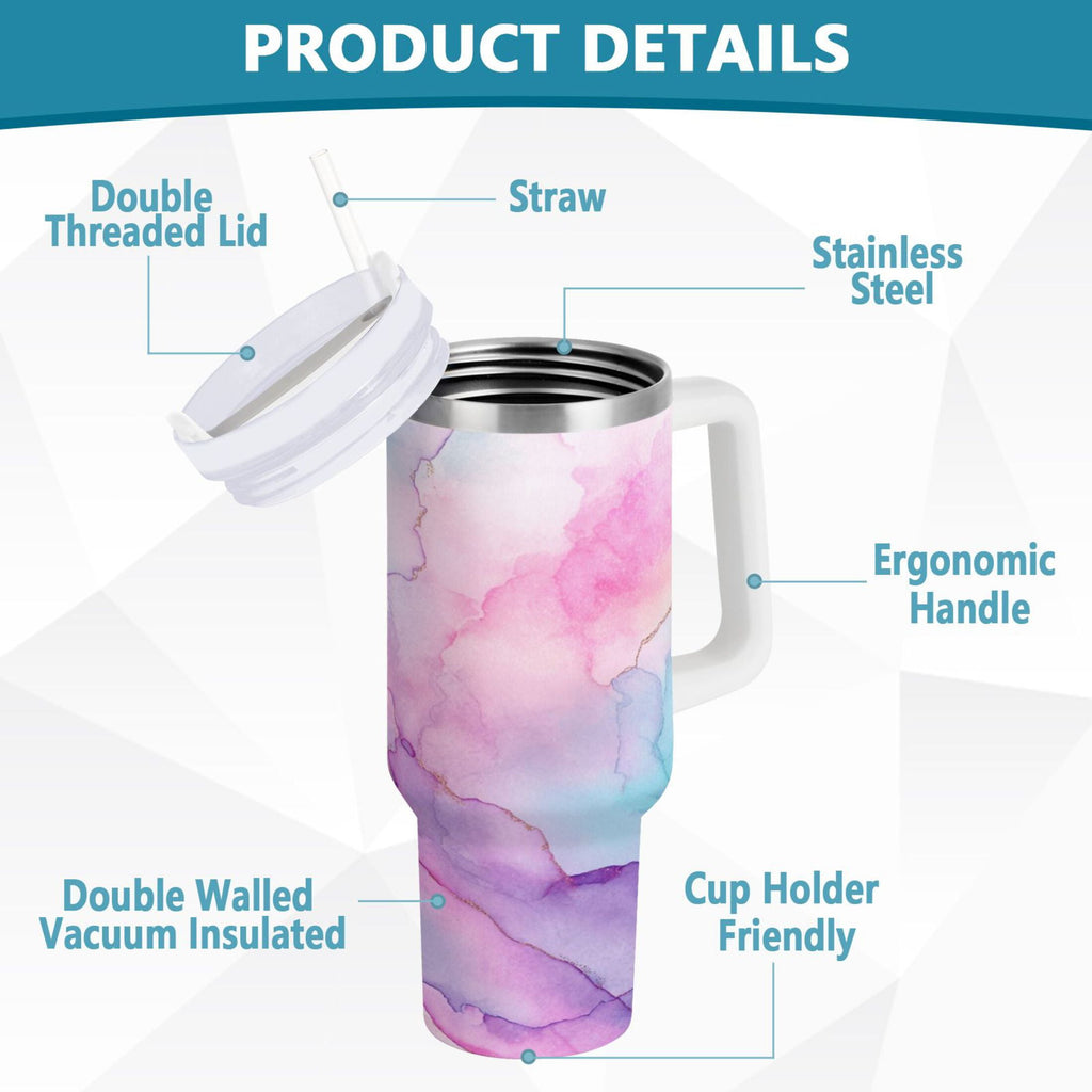 30 oz Insulated Stainless Steel Tumbler Double Wall Stainless Steel Tumbler with 2-Way Drinking Pastel Pink Marble Texture | YQIL