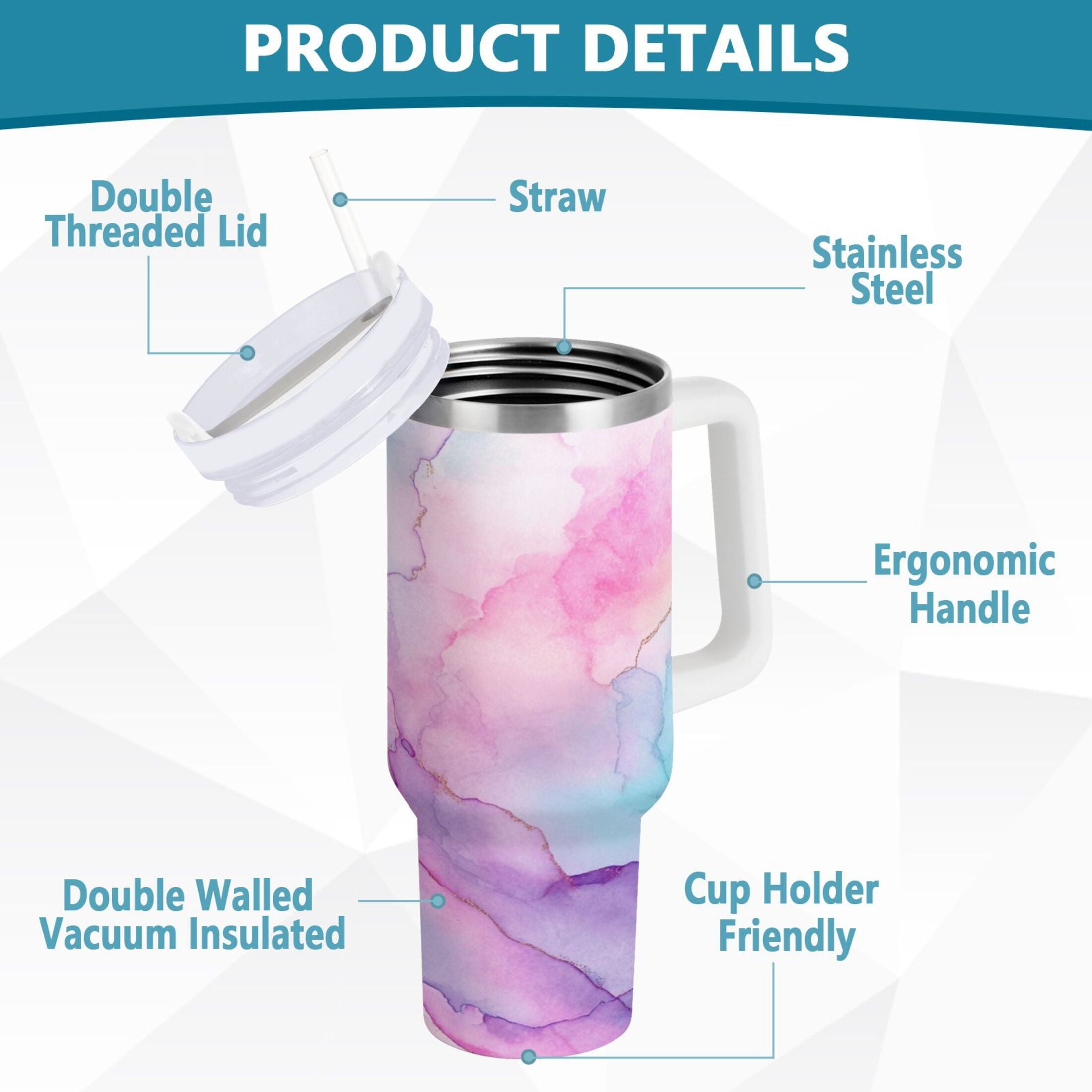 30 oz Insulated Stainless Steel Tumbler Double Wall Stainless Steel Tumbler with 2-Way Drinking Pastel Pink Marble Texture | YQIL