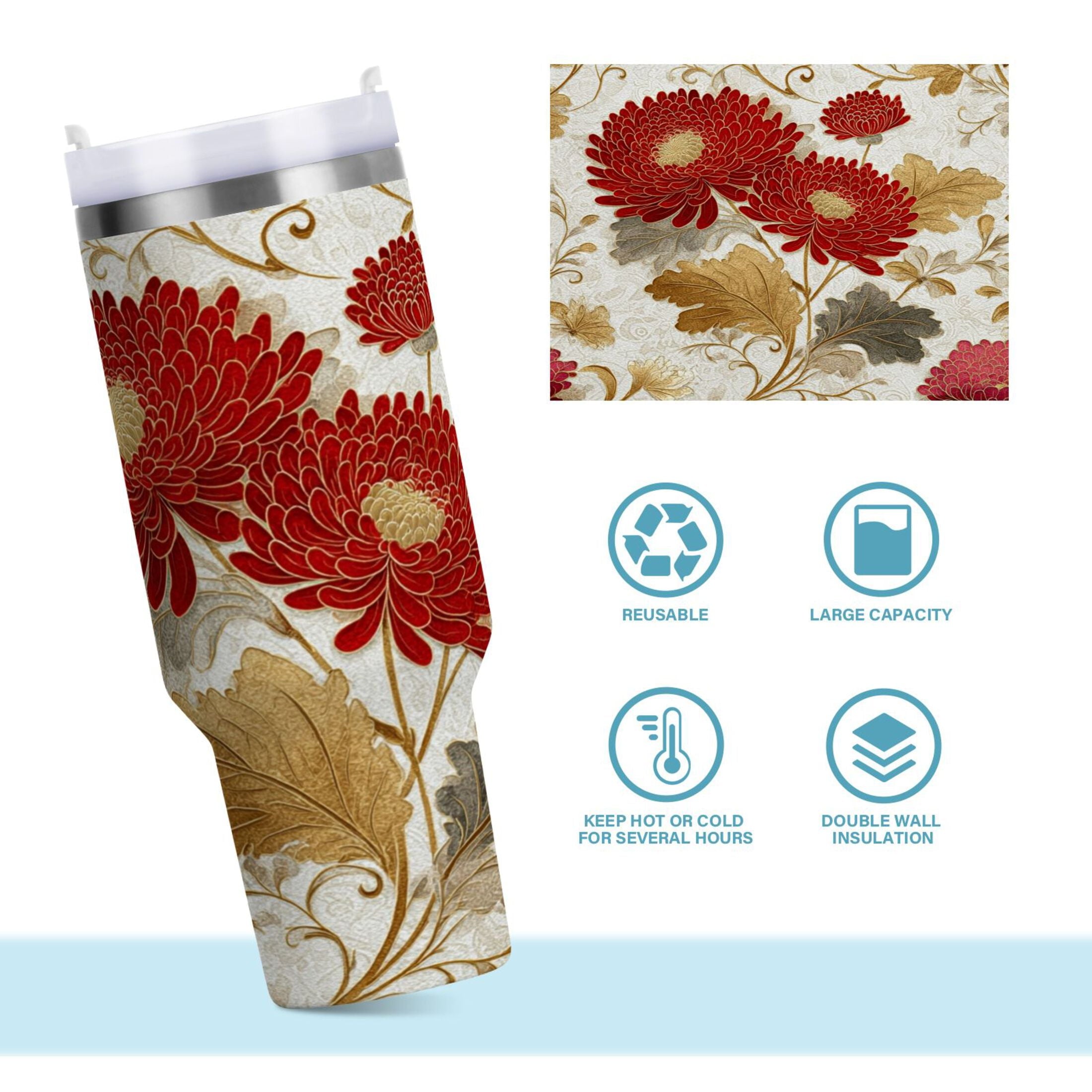 30 oz Insulated Stainless Steel Tumbler Double Wall Stainless Steel Tumbler with 2-Way Drinking Red Chrysanthemum Pattern | EJZ9