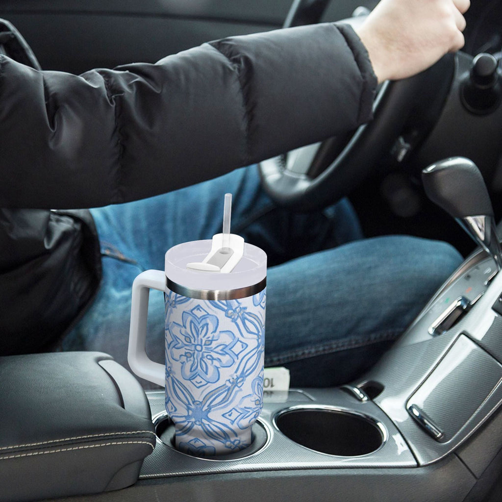 30 oz Insulated Stainless Steel Tumbler Double Wall Stainless Steel Tumbler with 2-Way Drinking Blue Elegant Geometric Design | A3ZT