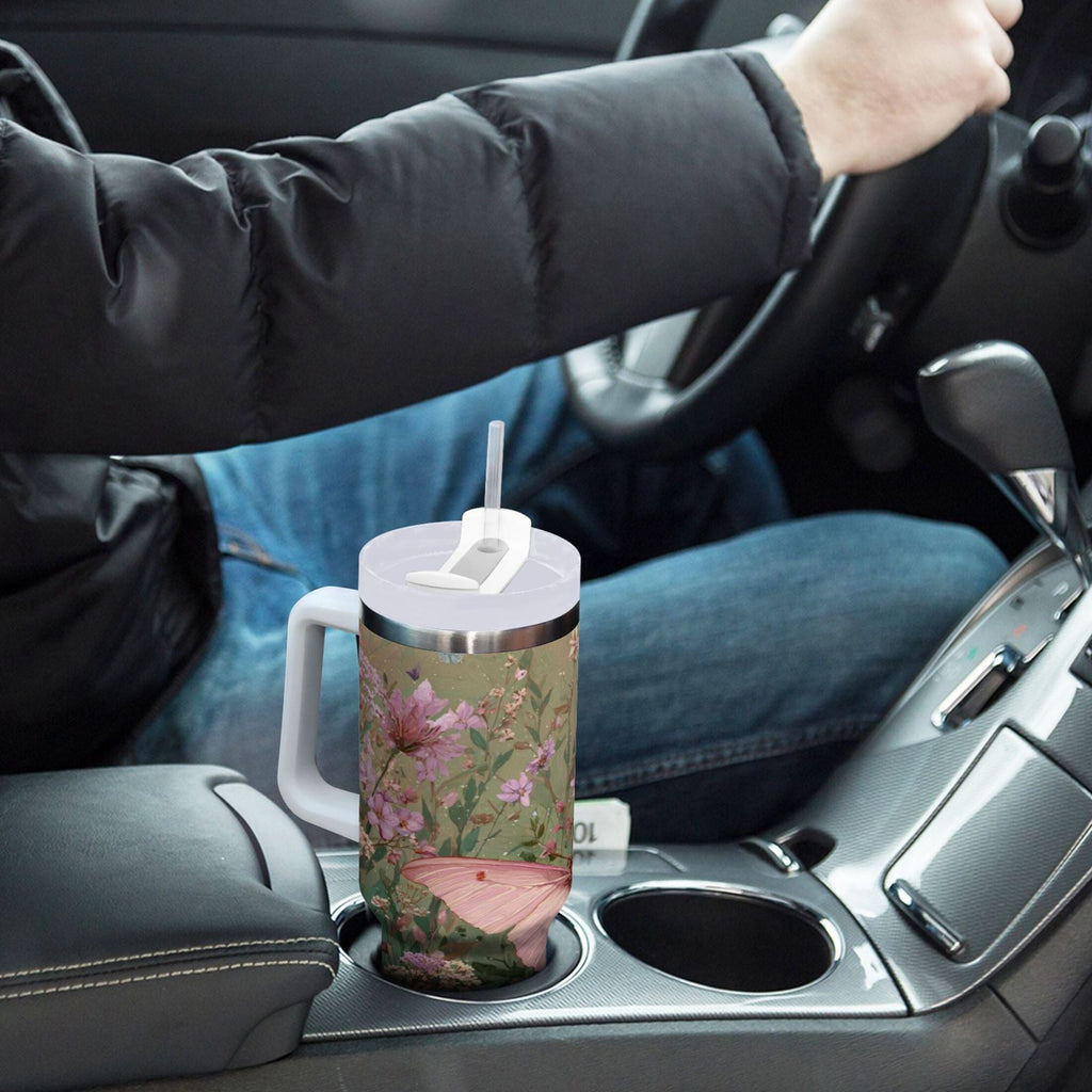 30 oz Insulated Stainless Steel Tumbler Double Wall Stainless Steel Tumbler with 2-Way Drinking Delicate Butterfly | 2TRI