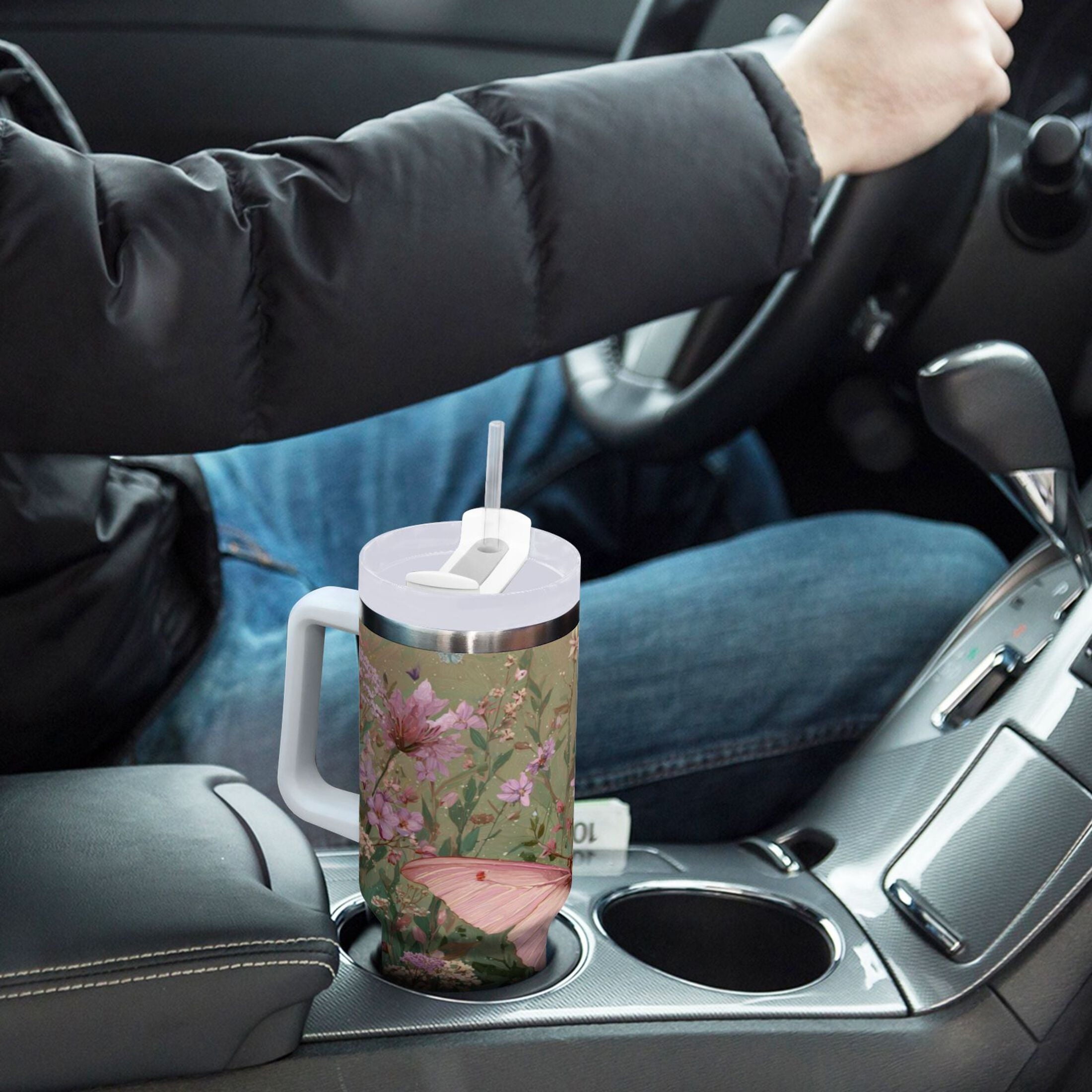 30 oz Insulated Stainless Steel Tumbler Double Wall Stainless Steel Tumbler with 2-Way Drinking Delicate Butterfly | 2TRI