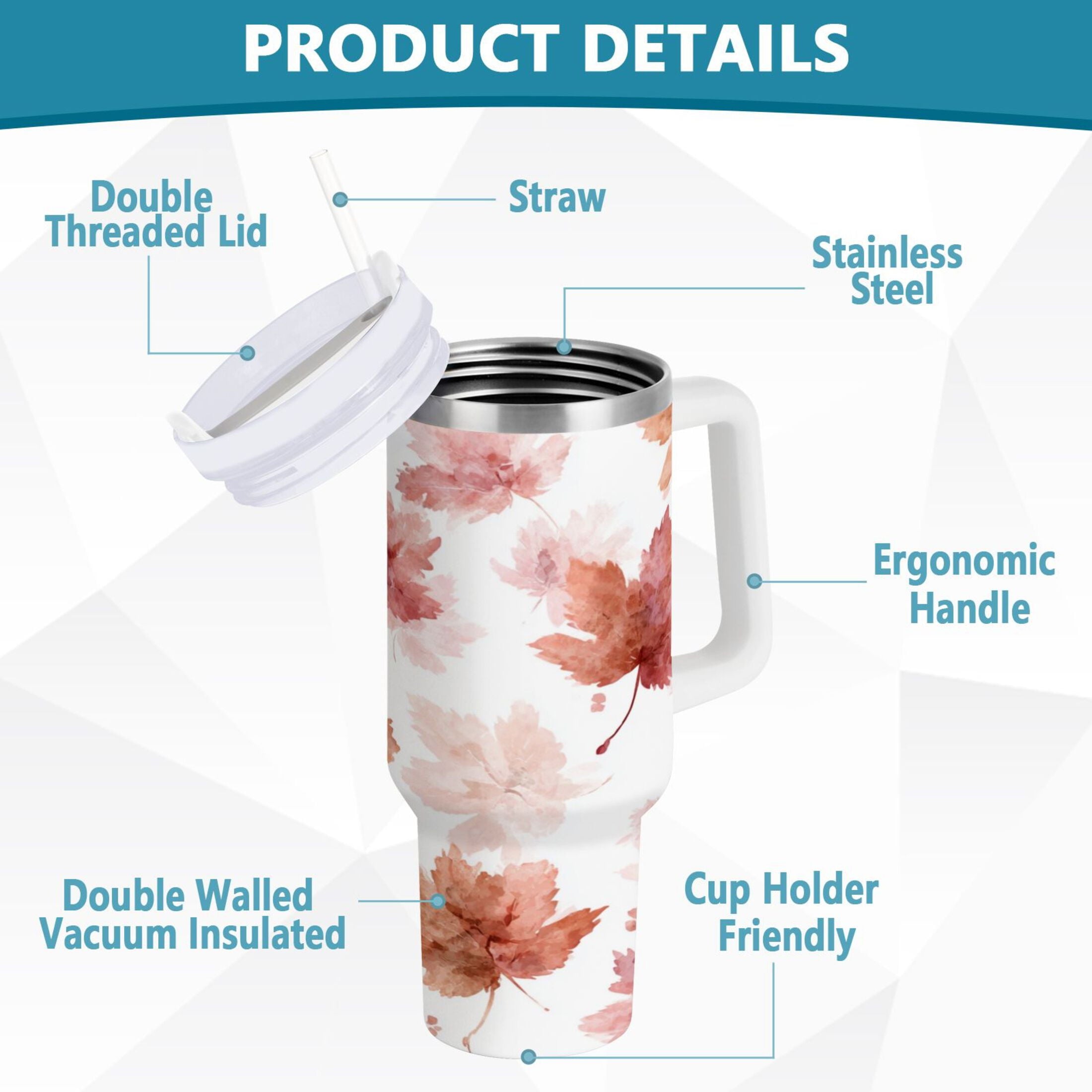 30 oz Insulated Stainless Steel Tumbler Double Wall Stainless Steel Tumbler with 2-Way Drinking Watercolor Pink Maple Leaves | IVVR