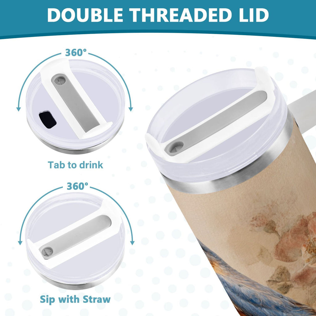 40 oz Insulated Stainless Steel Tumbler Double Wall Stainless Steel Tumbler with 2-Way Drinking Bluebird and Ancient Flowers | TZPP
