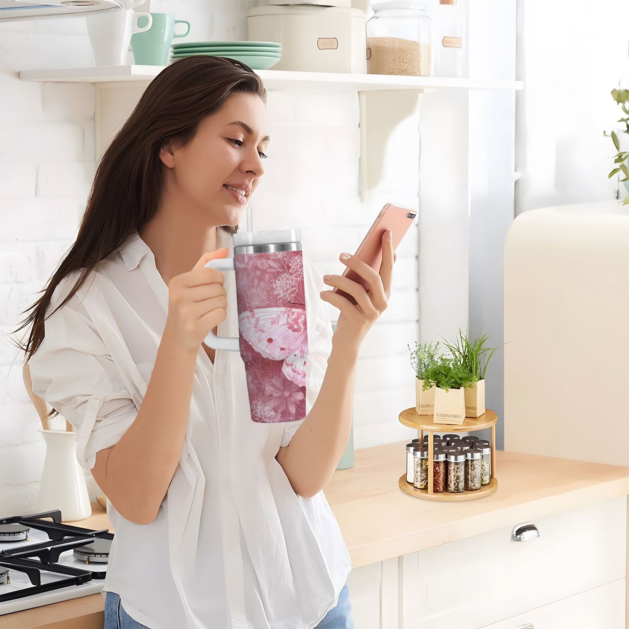 30 oz Insulated Stainless Steel Tumbler Double Wall Stainless Steel Tumbler with 2-Way Drinking Soft Pink Butterfly | YS27