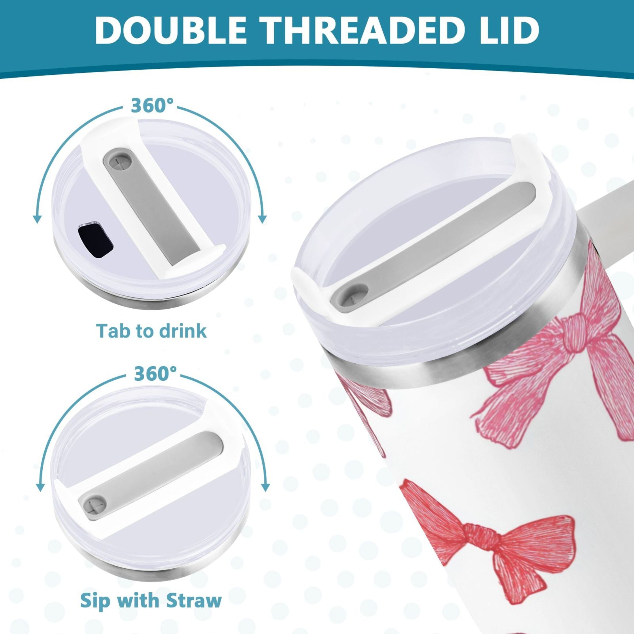 40 oz Insulated Stainless Steel Tumbler Double Wall Stainless Steel Tumbler with 2-Way Drinking Pink Bows Pattern | WY43