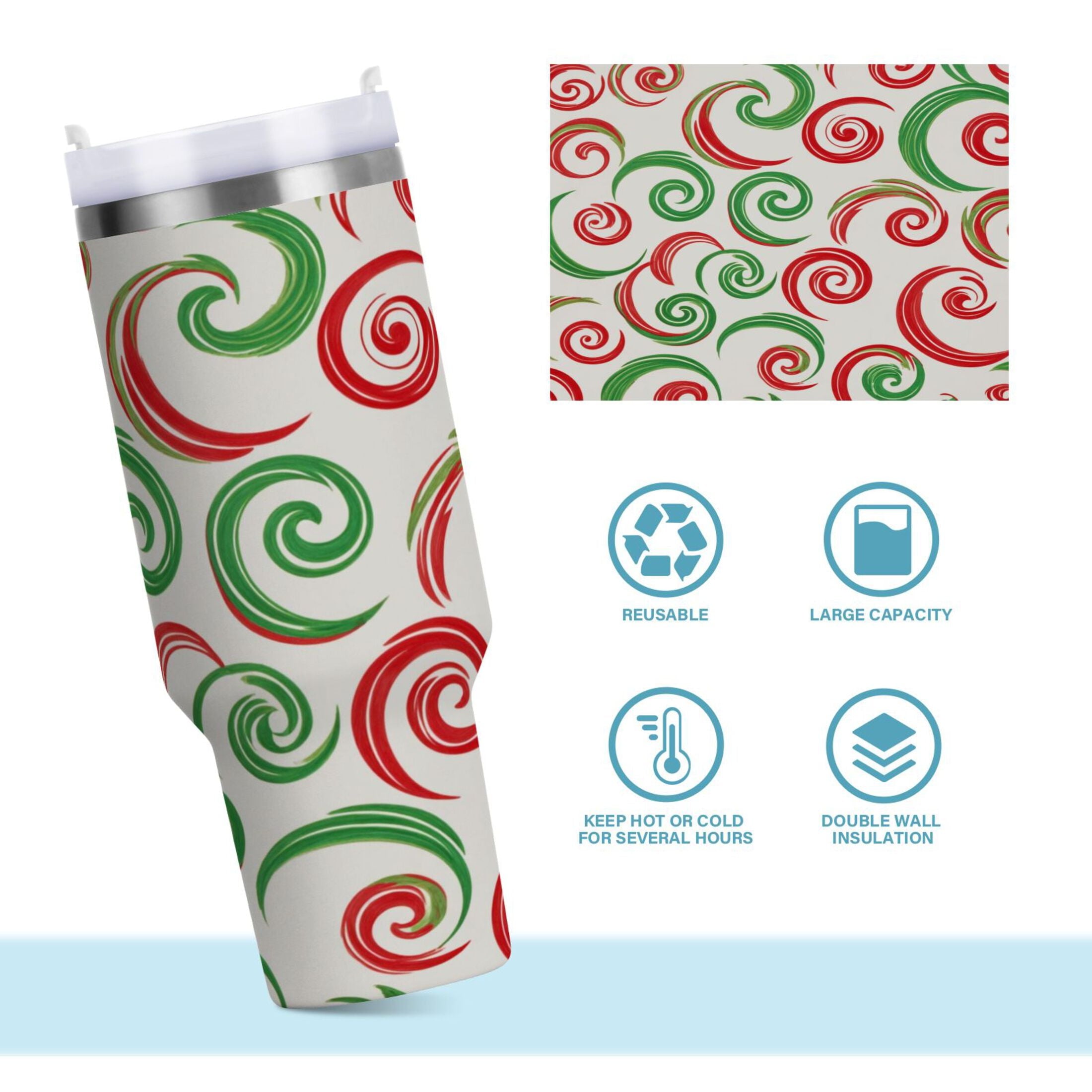 40 oz Insulated Stainless Steel Tumbler Double Wall Stainless Steel Tumbler with 2-Way Drinking Red and Green Swirls | B4IT
