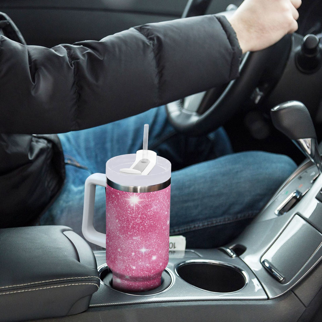 40 oz Insulated Stainless Steel Tumbler Double Wall Stainless Steel Tumbler with 2-Way Drinking Pink Glitter Background | RHVD