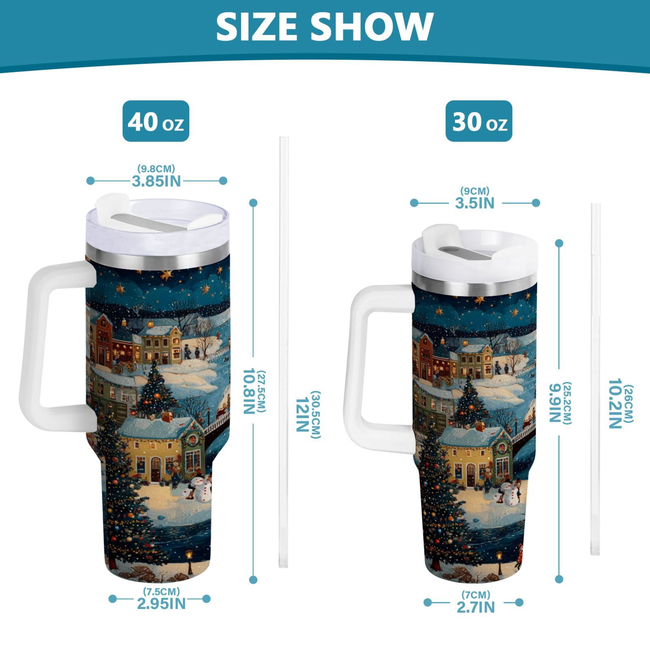 30 oz Insulated Stainless Steel Tumbler Double Wall Stainless Steel Tumbler with 2-Way Drinking Whimsical Christmas Scene | R1H0