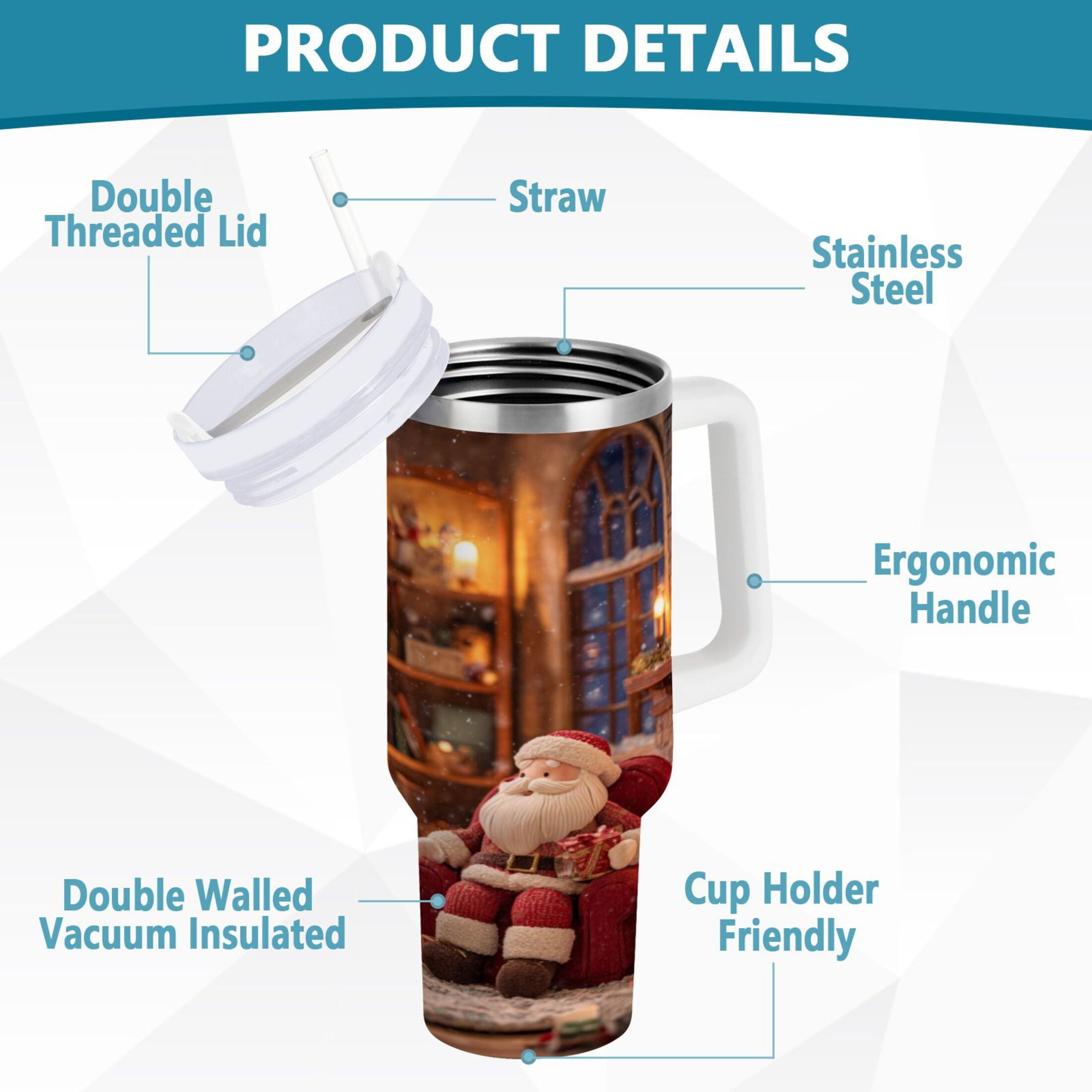 40 oz Insulated Stainless Steel Tumbler Double Wall Stainless Steel Tumbler with 2-Way Drinking Sitting Santa Claus | 7NGW
