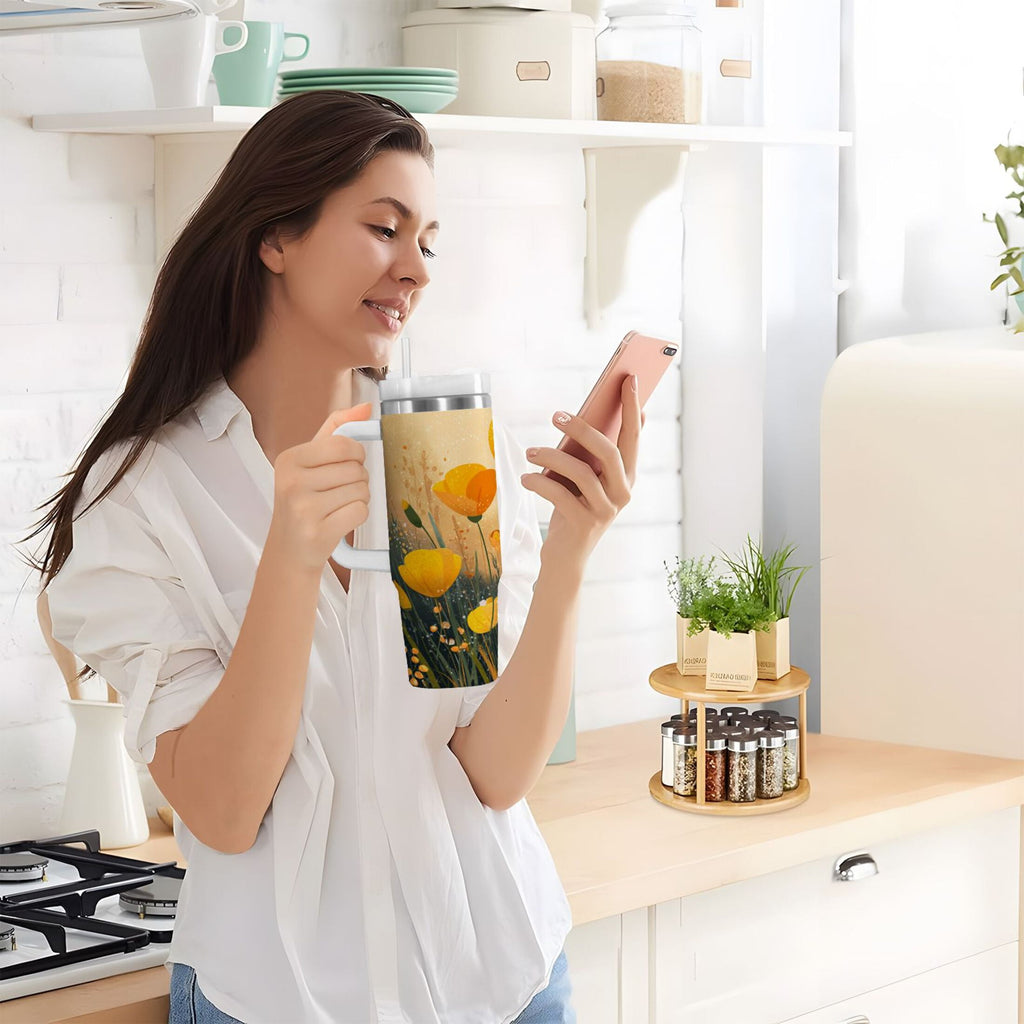30 oz Insulated Stainless Steel Tumbler Double Wall Stainless Steel Tumbler with 2-Way Drinking Yellow Flowers on The Grass | XOAL