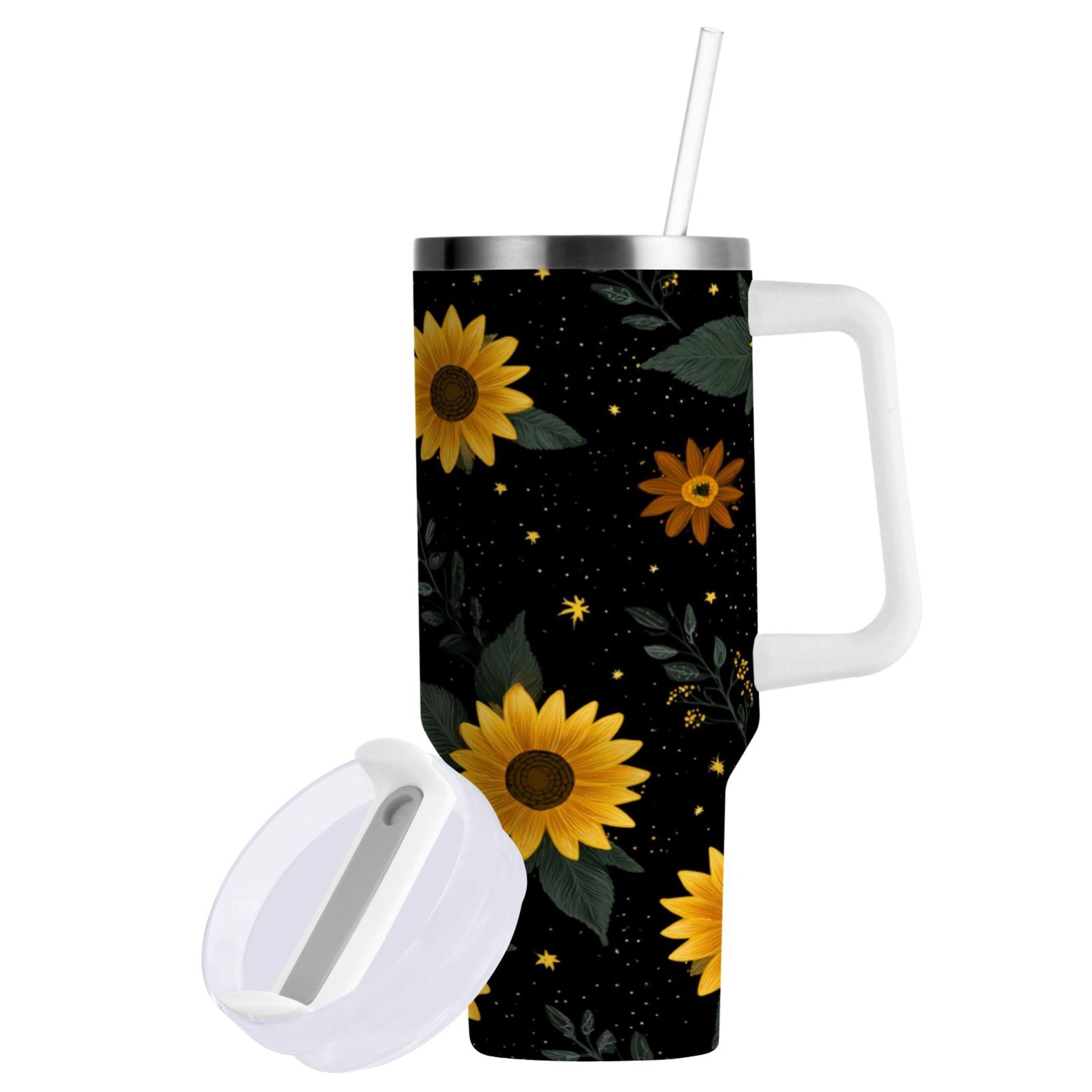 30 oz Insulated Stainless Steel Tumbler Double Wall Stainless Steel Tumbler with 2-Way Drinking Yellow Sunflower Pattern | YHWP