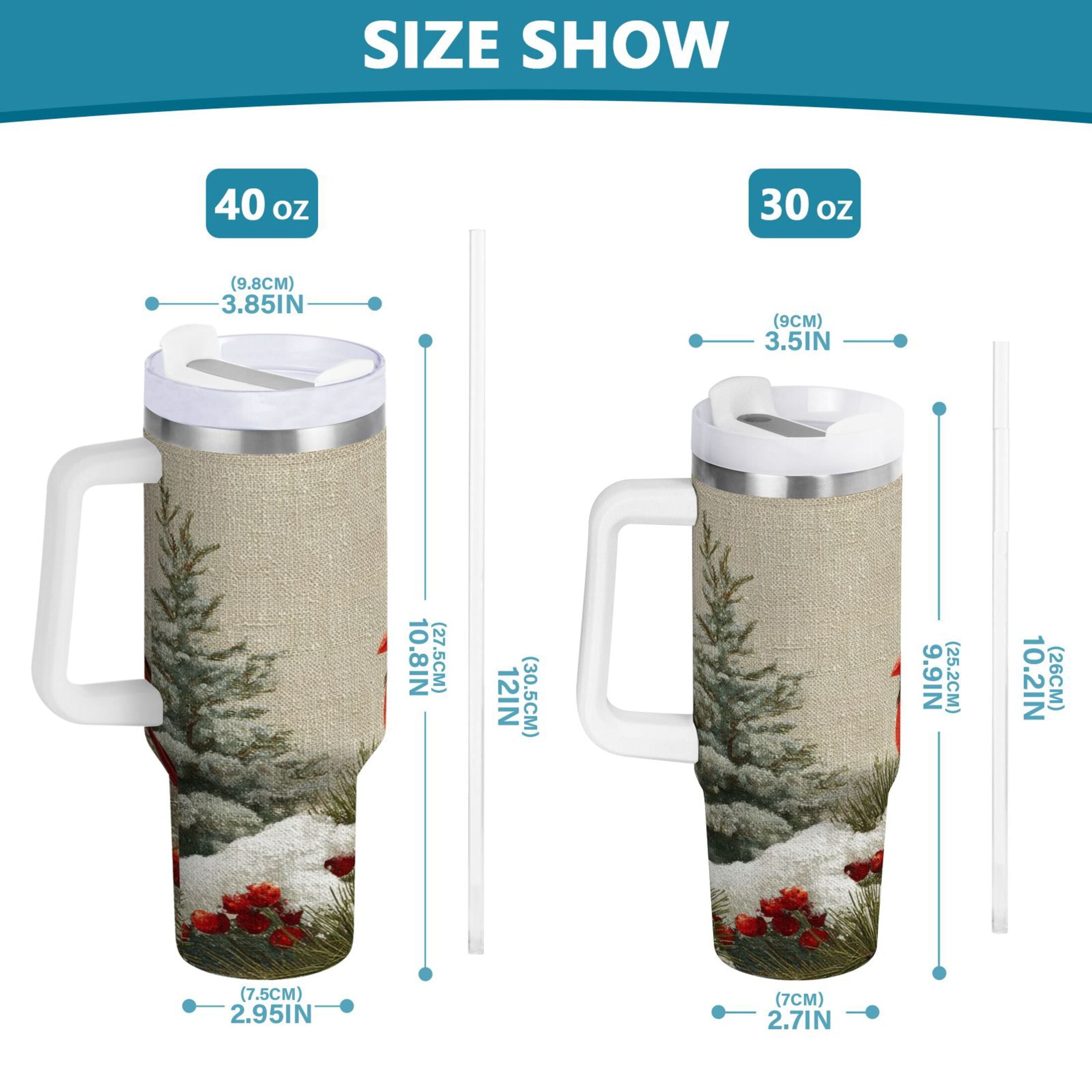 30 oz Insulated Stainless Steel Tumbler Double Wall Stainless Steel Tumbler with 2-Way Drinking Bird and Snow-covered Trees | L05G