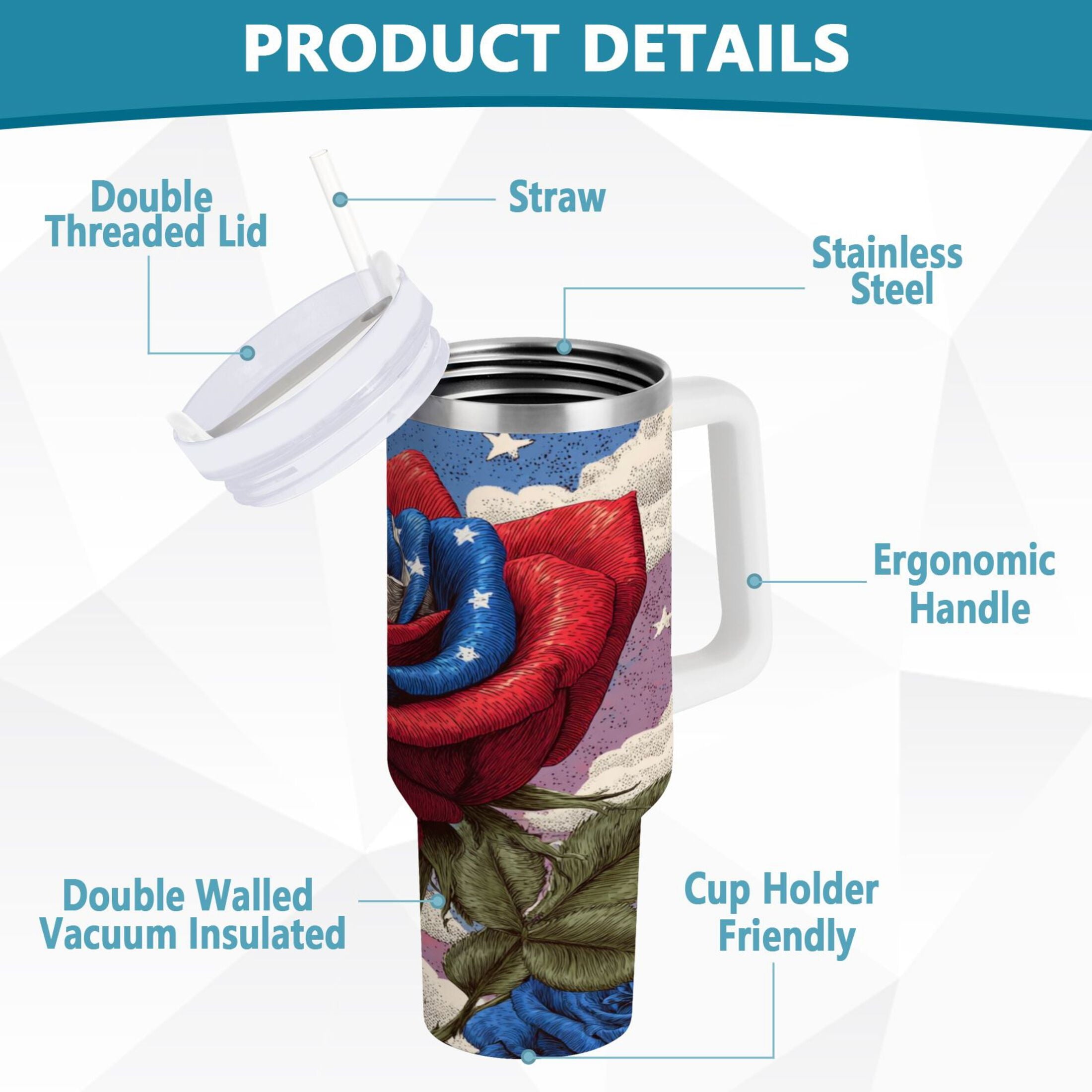 40 oz Insulated Stainless Steel Tumbler Double Wall Stainless Steel Tumbler with 2-Way Drinking Roses and Clouds | G3YV