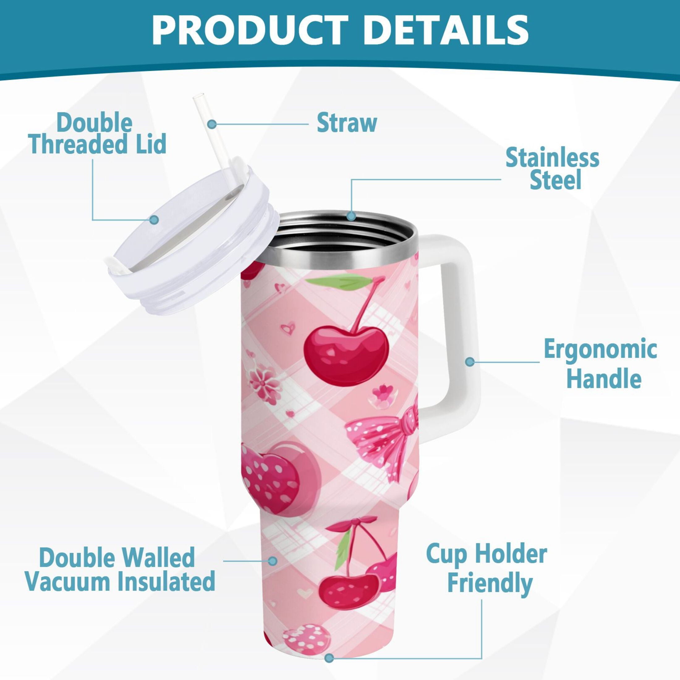 30 oz Insulated Stainless Steel Tumbler Double Wall Stainless Steel Tumbler with 2-Way Drinking Cherry and Pink Bow Pattern | YFZS