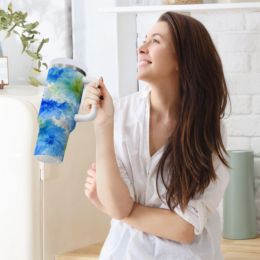 40 oz Insulated Stainless Steel Tumbler Double Wall Stainless Steel Tumbler with 2-Way Drinking Watercolor Blue Cornflowers | EL8K