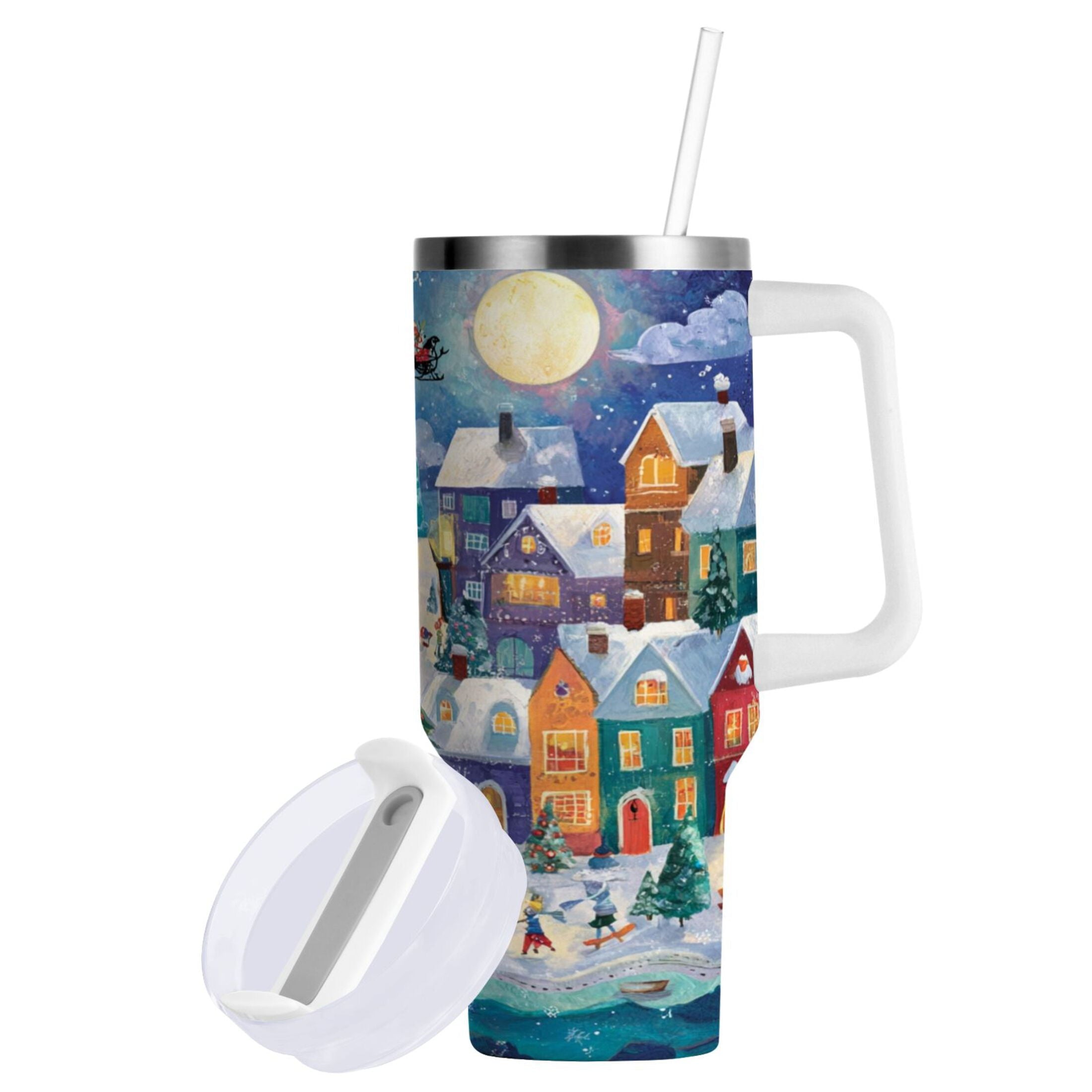 30 oz Insulated Stainless Steel Tumbler Double Wall Stainless Steel Tumbler with 2-Way Drinking Charming Christmas Scene | NQ9G