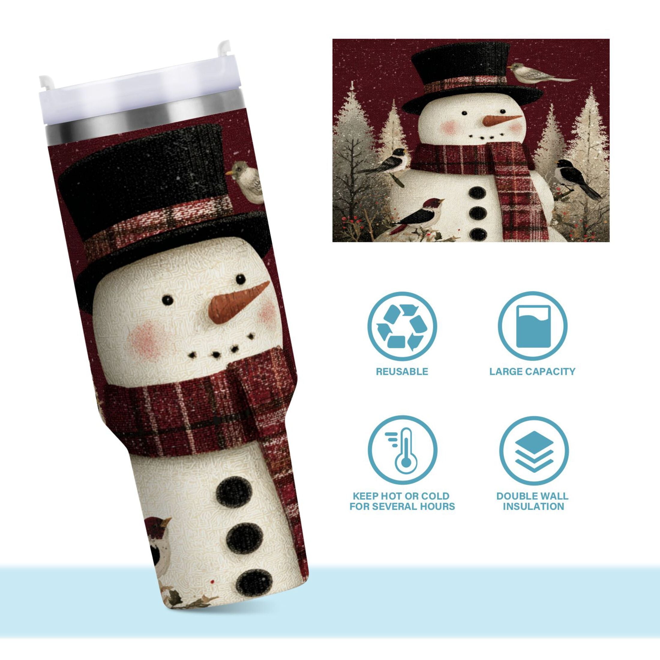 30 oz Insulated Stainless Steel Tumbler Double Wall Stainless Steel Tumbler with 2-Way Drinking Snowman and Birds | Z96A