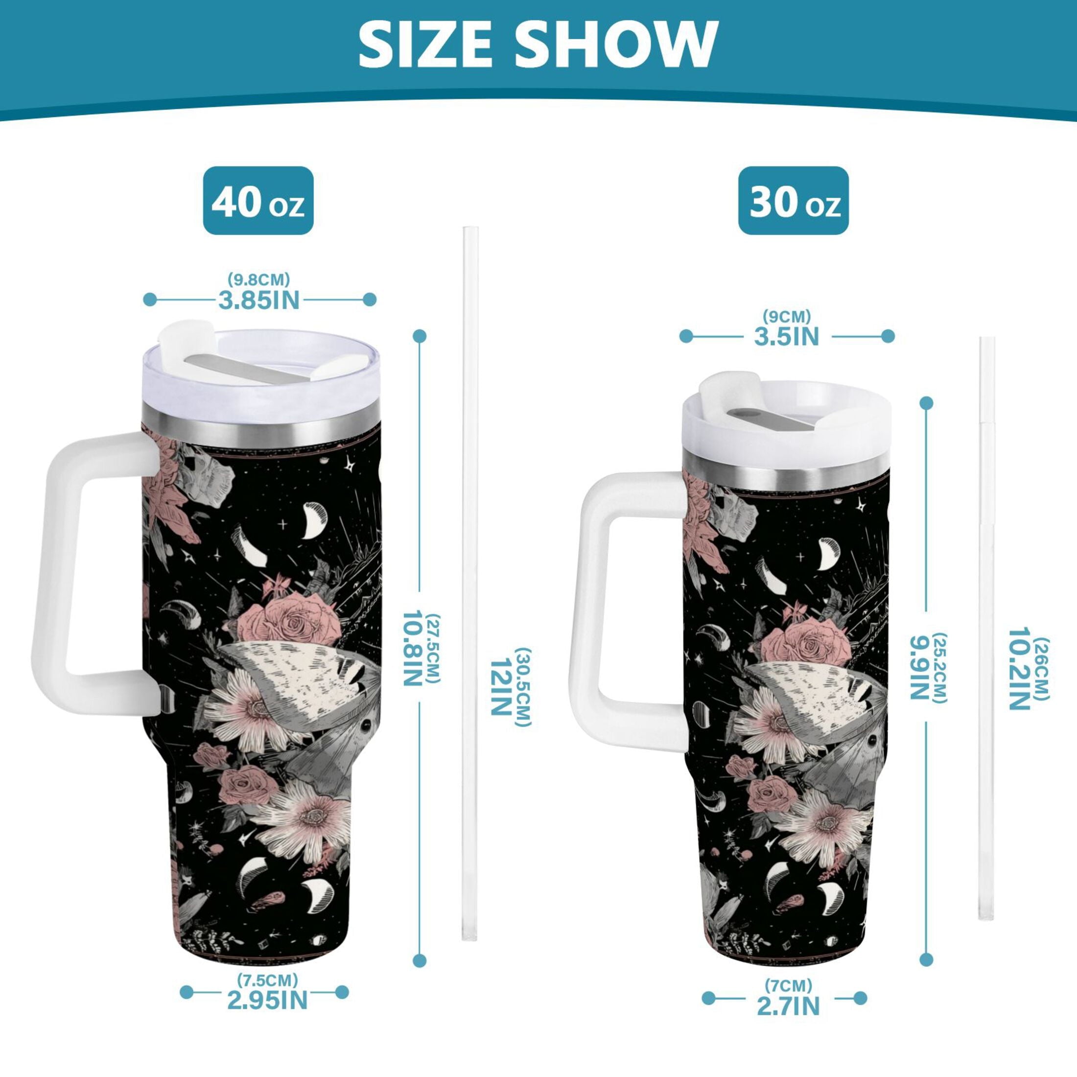 40 oz Insulated Stainless Steel Tumbler Double Wall Stainless Steel Tumbler with 2-Way Drinking Butterfly Surrounded by Flowers | VAYT