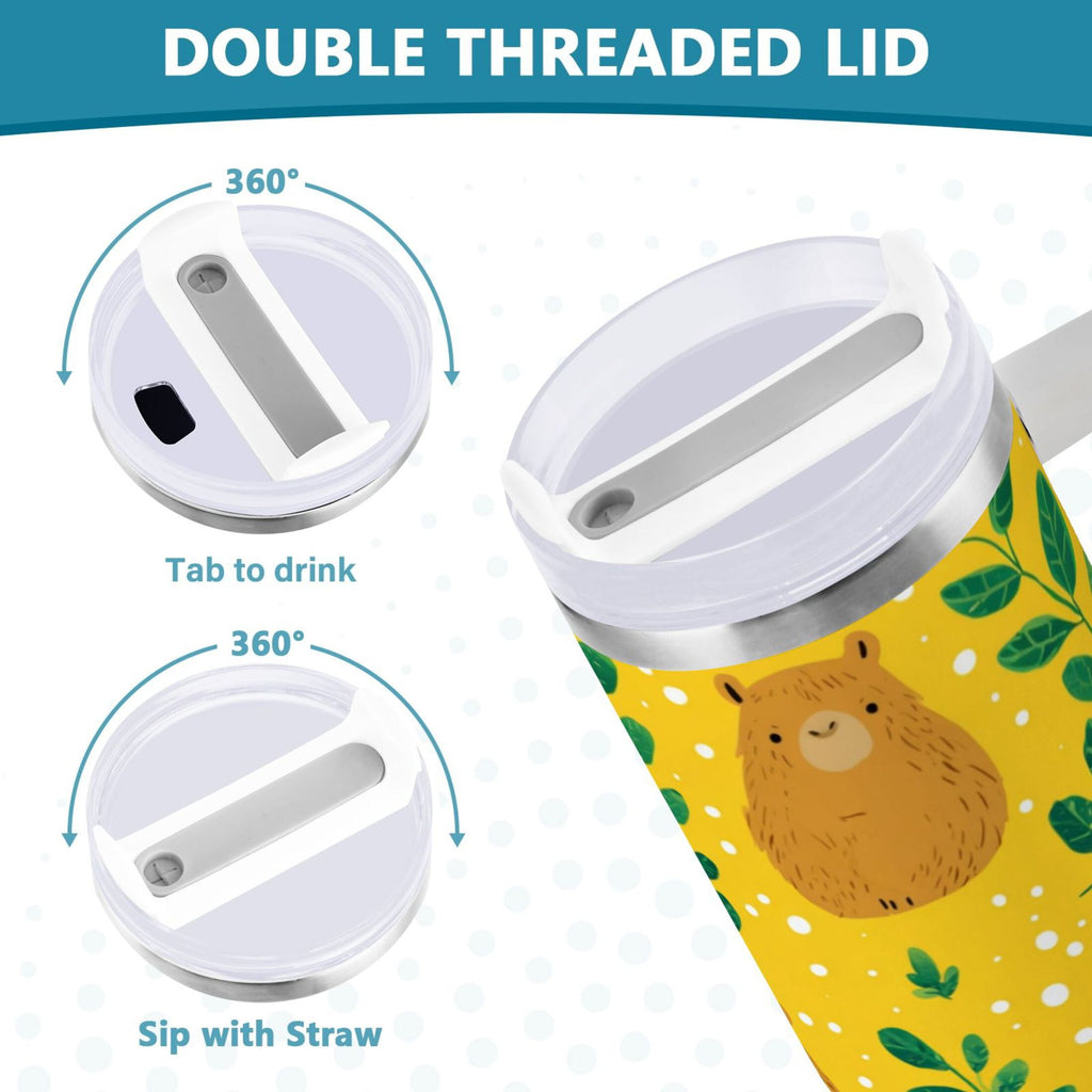 30 oz Insulated Stainless Steel Tumbler Double Wall Stainless Steel Tumbler with 2-Way Drinking Capybara and Green Leaves | T1S7