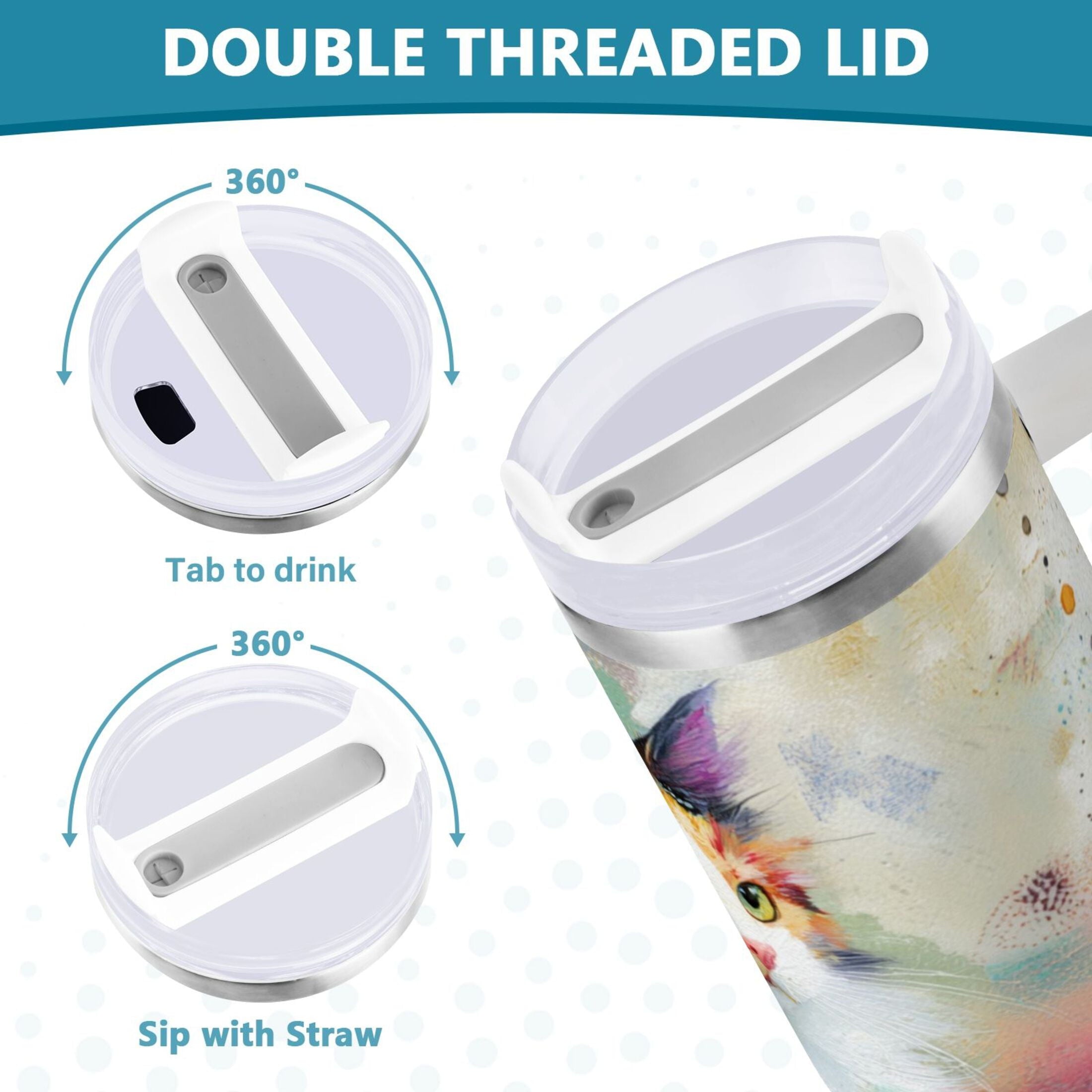 30 oz Insulated Stainless Steel Tumbler Double Wall Stainless Steel Tumbler with 2-Way Drinking Charming Hairy Cat | VKQV