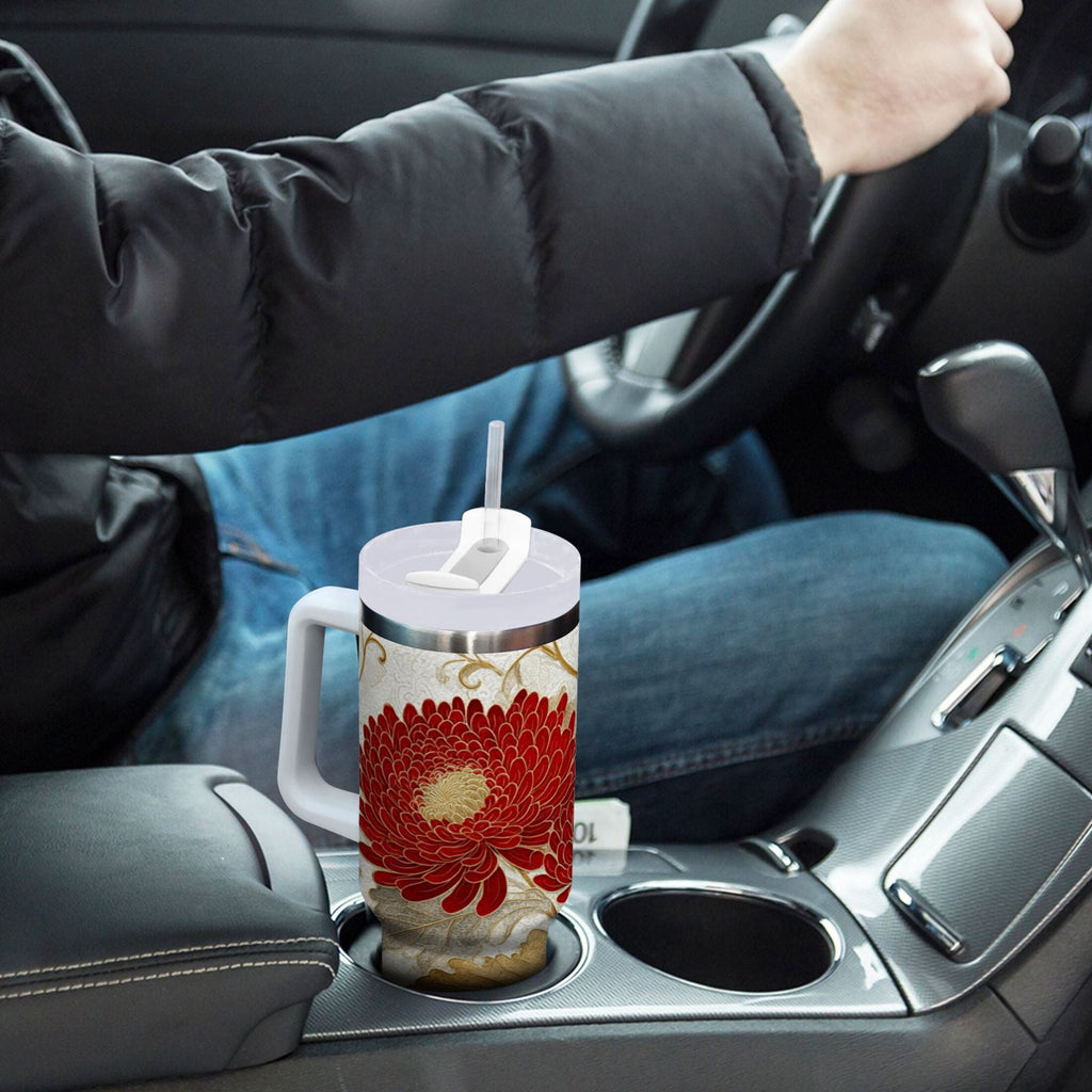 30 oz Insulated Stainless Steel Tumbler Double Wall Stainless Steel Tumbler with 2-Way Drinking Red Chrysanthemum Pattern | EJZ9