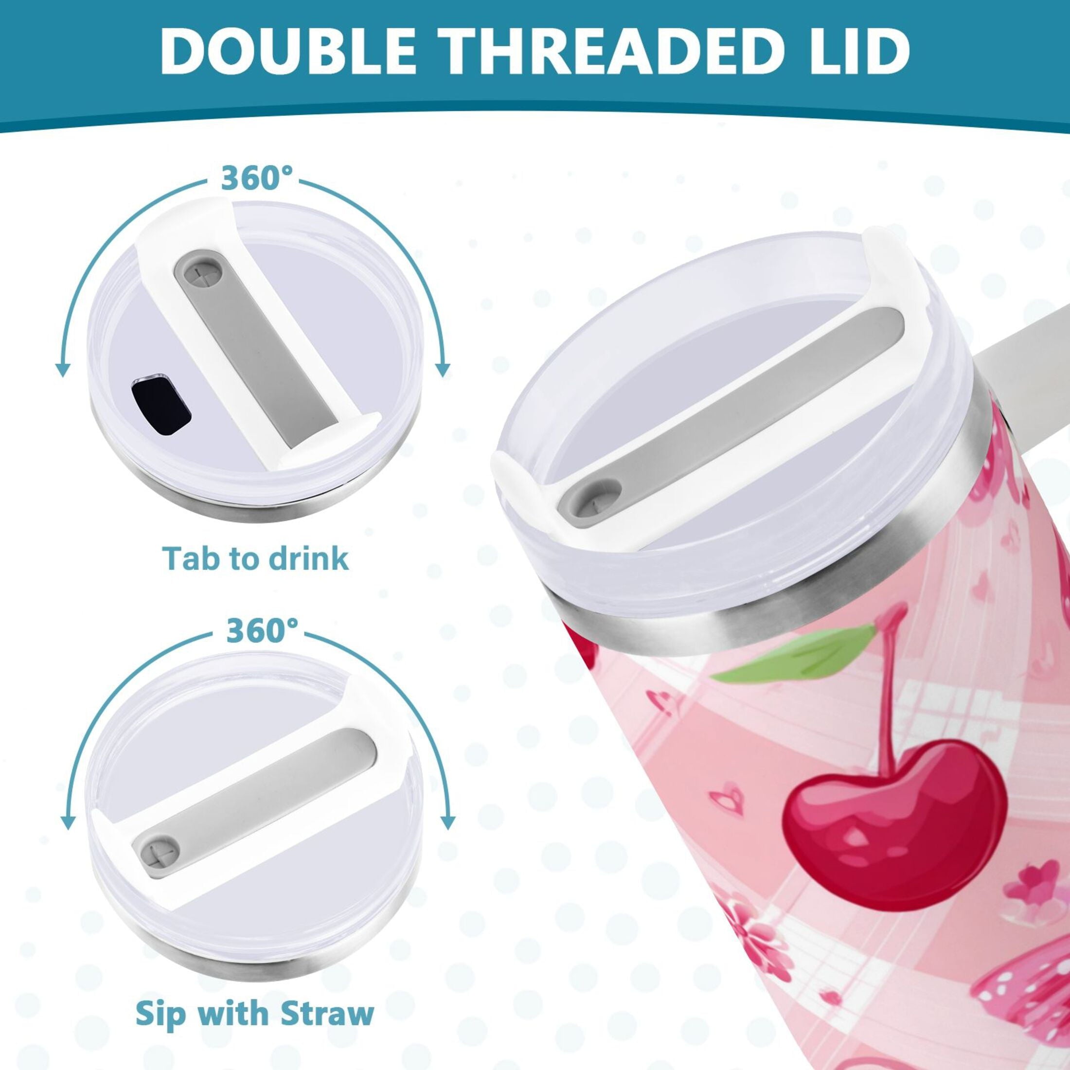 30 oz Insulated Stainless Steel Tumbler Double Wall Stainless Steel Tumbler with 2-Way Drinking Cherry and Pink Bow Pattern | YFZS