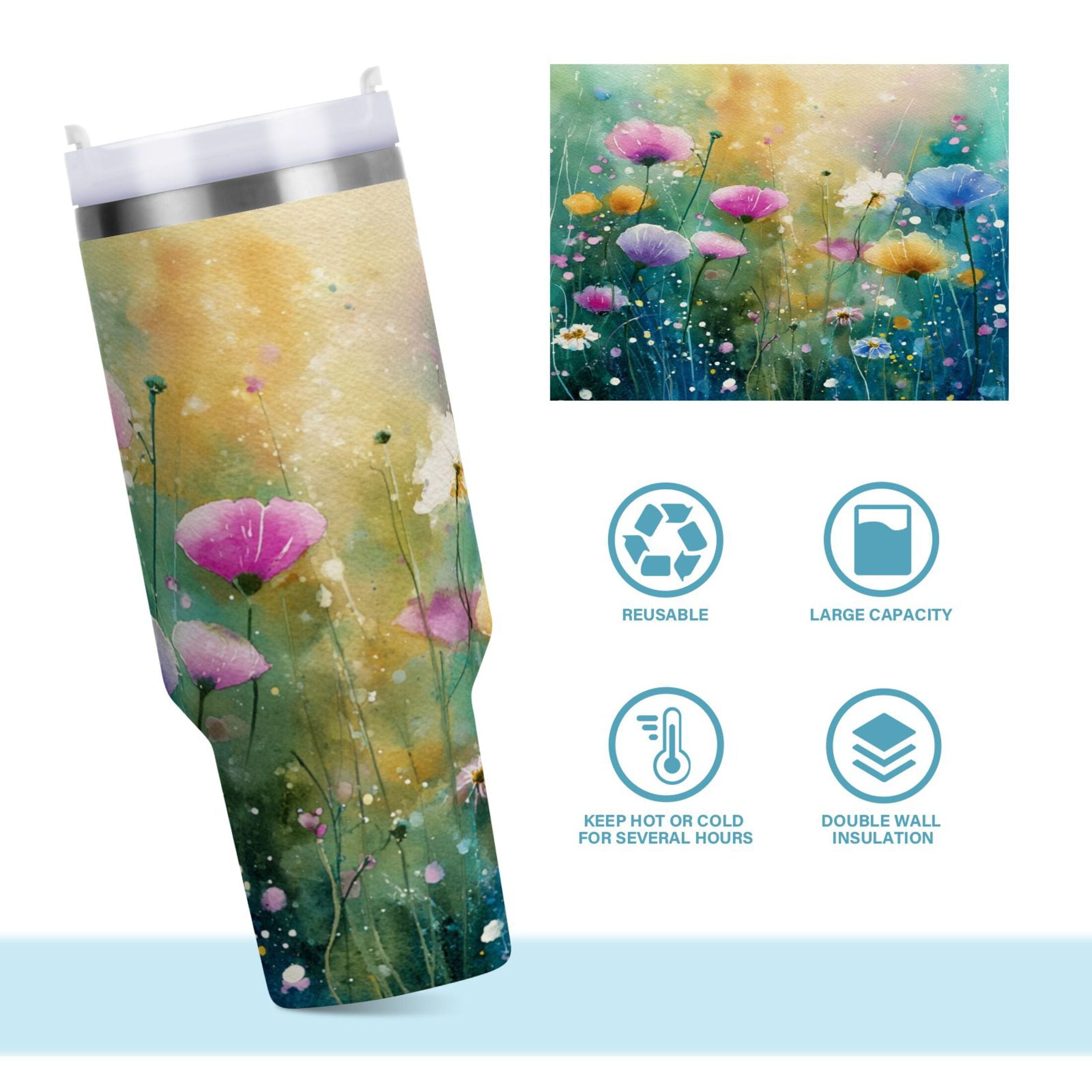 30 oz Insulated Stainless Steel Tumbler Double Wall Stainless Steel Tumbler with 2-Way Drinking Watercolor Wildflowers | 6ZHM