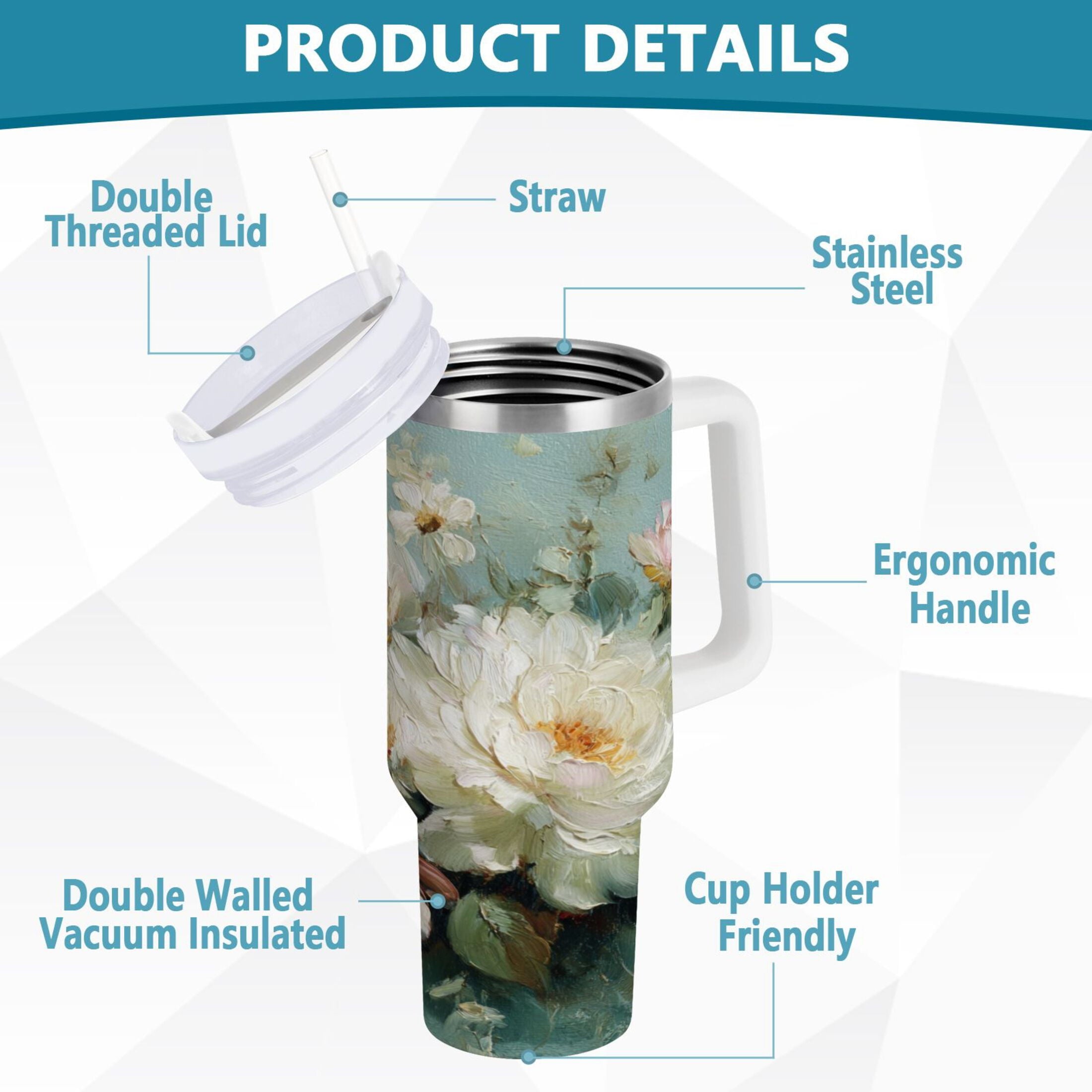 40 oz Insulated Stainless Steel Tumbler Double Wall Stainless Steel Tumbler with 2-Way Drinking Vintage Peonies and Daisies | 0ZIT