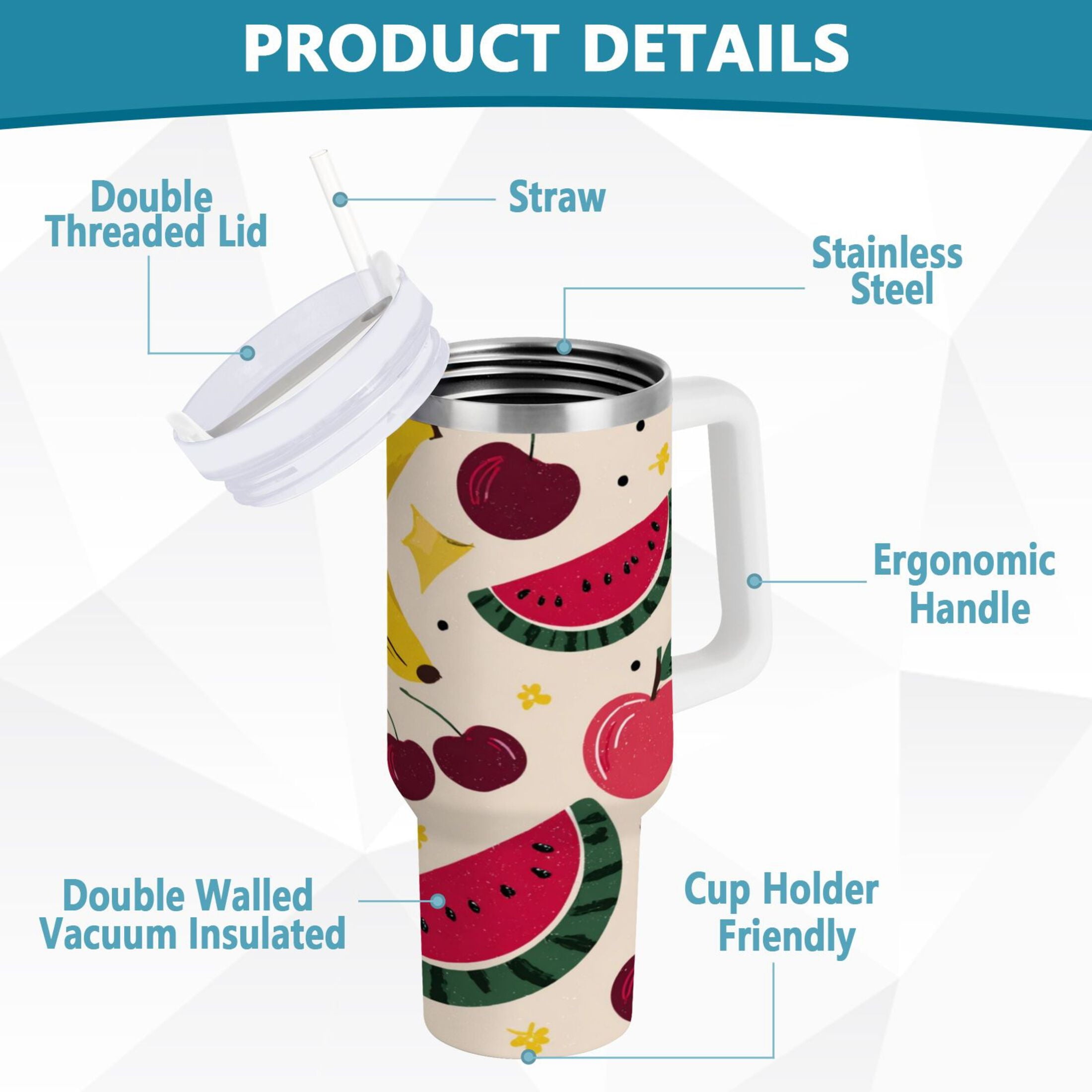 30 oz Insulated Stainless Steel Tumbler Double Wall Stainless Steel Tumbler with 2-Way Drinking Watermelon and Cherries | AMS2