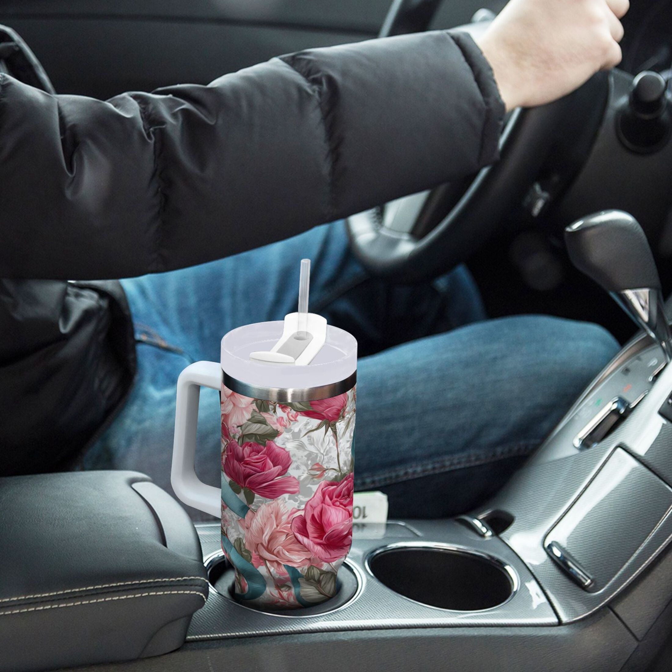 30 oz Insulated Stainless Steel Tumbler Double Wall Stainless Steel Tumbler with 2-Way Drinking Roses and Ribbons | M3YY