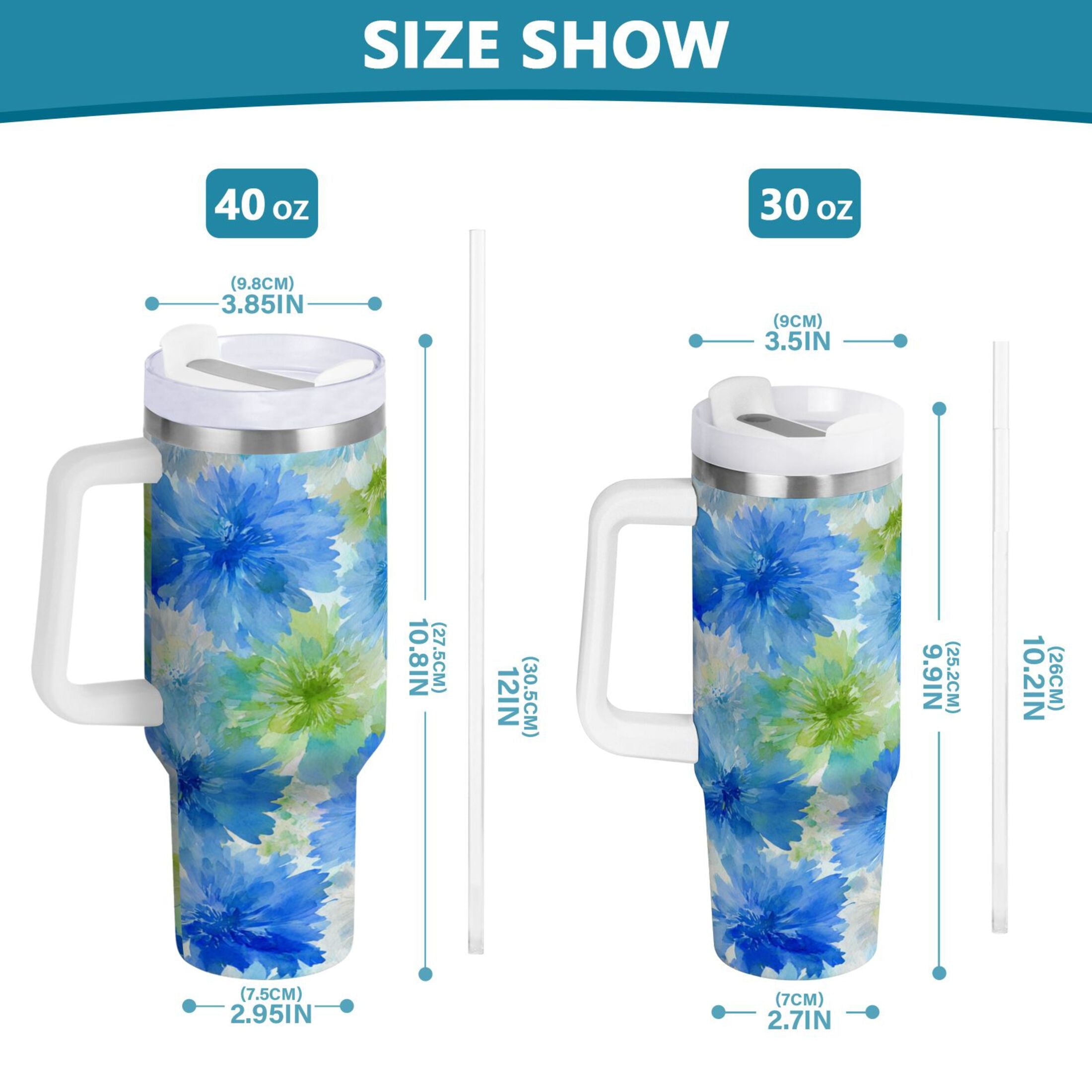 40 oz Insulated Stainless Steel Tumbler Double Wall Stainless Steel Tumbler with 2-Way Drinking Watercolor Blue Cornflowers | EL8K