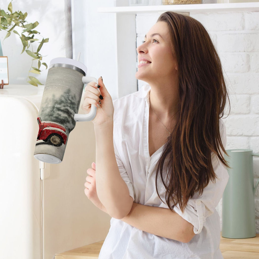 40 oz Insulated Stainless Steel Tumbler Double Wall Stainless Steel Tumbler with 2-Way Drinking Vintage Red Truck | IPK1