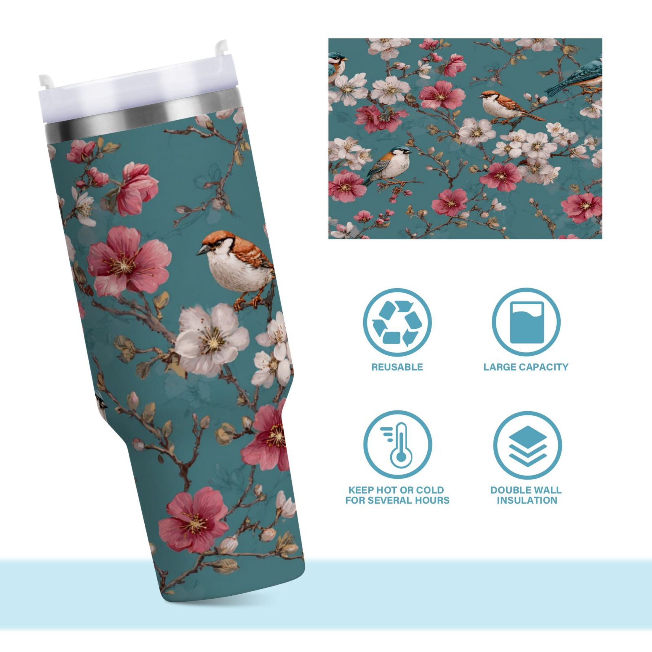 30 oz Insulated Stainless Steel Tumbler Double Wall Stainless Steel Tumbler with 2-Way Drinking Birds and Cherry Pattern | B0Z0
