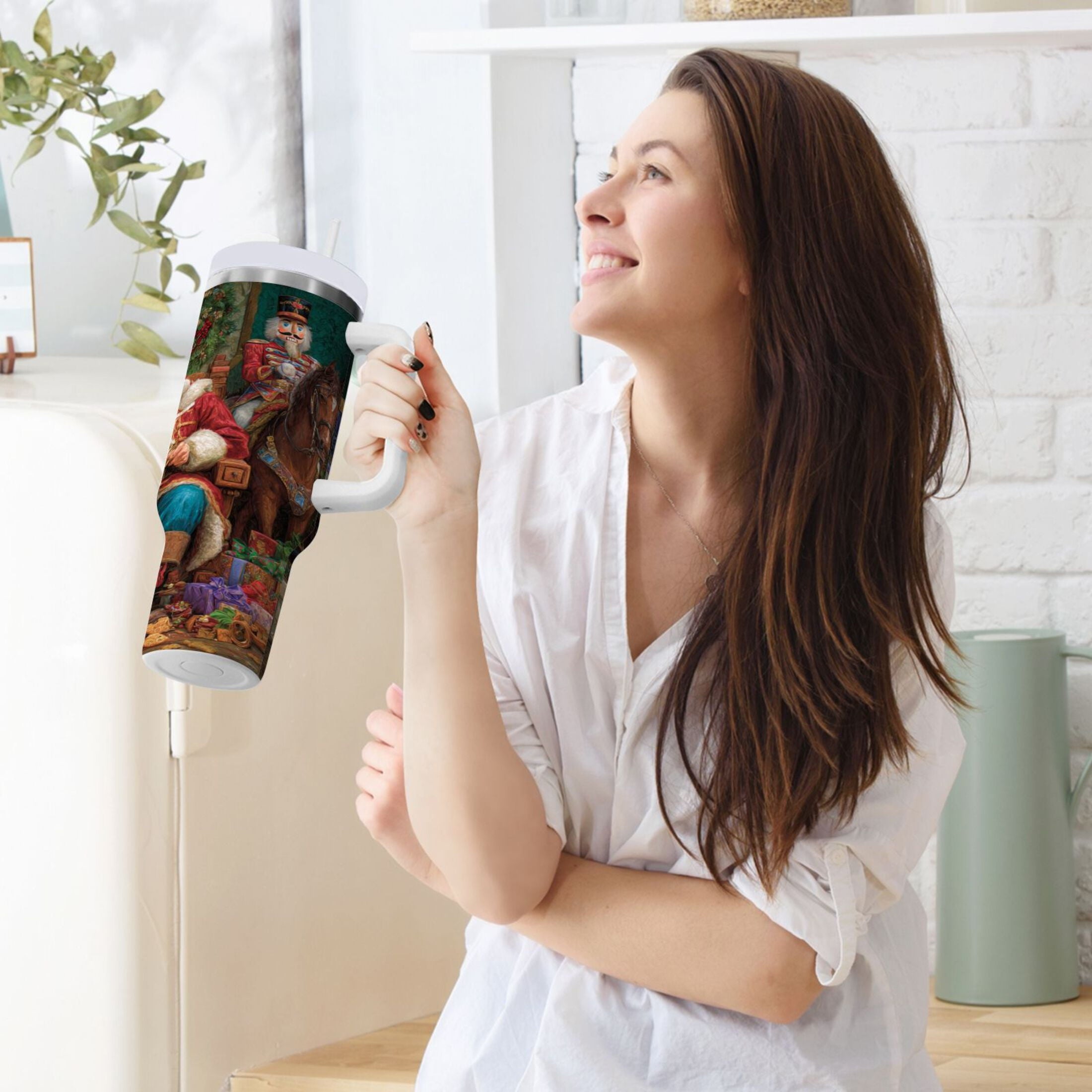 40 oz Insulated Stainless Steel Tumbler Double Wall Stainless Steel Tumbler with 2-Way Drinking Santa Eating Cookies | TUS6