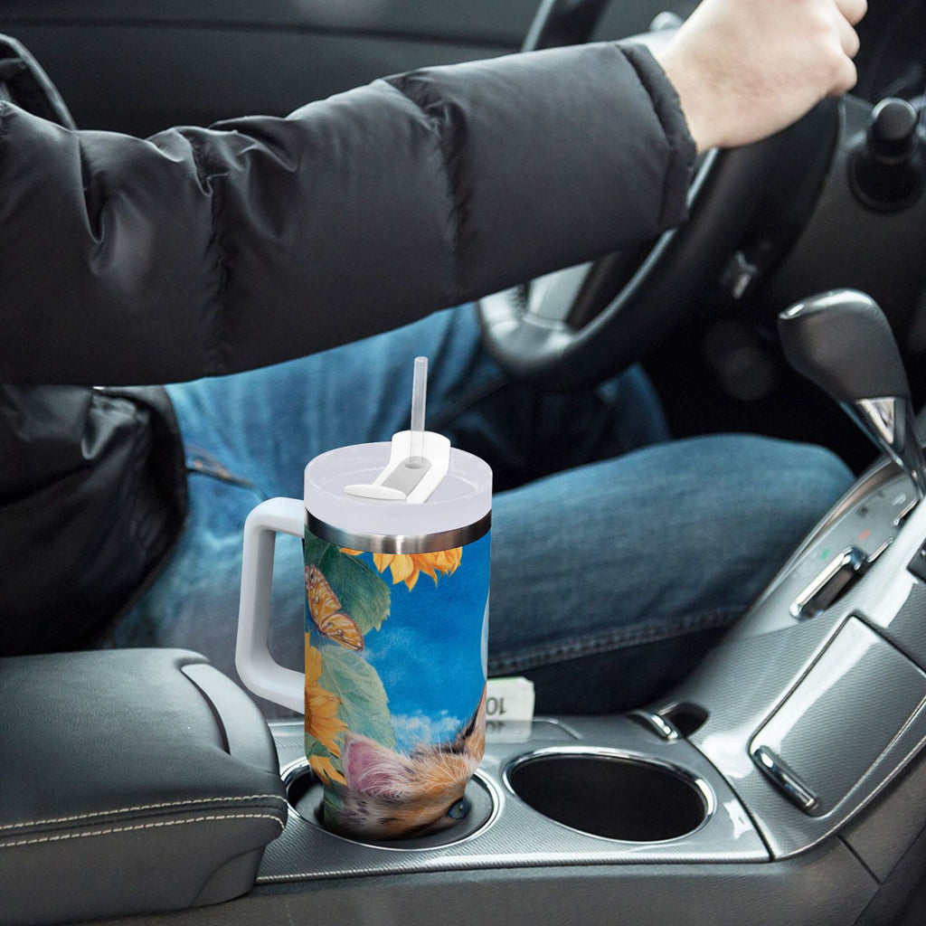 40 oz Insulated Stainless Steel Tumbler Double Wall Stainless Steel Tumbler with 2-Way Drinking Playful Cat Lying Sunflowers | 0JB7