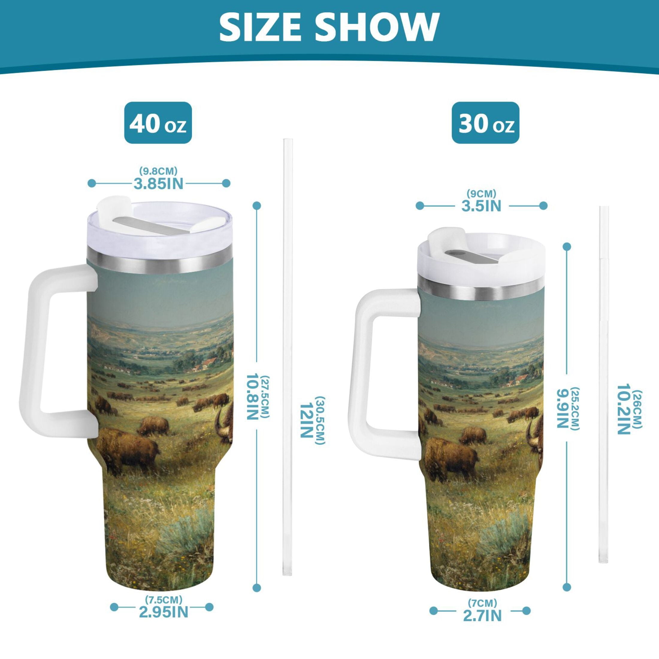 30 oz Insulated Stainless Steel Tumbler Double Wall Stainless Steel Tumbler with 2-Way Drinking Buffalo Herd Oil Painting | CQ61
