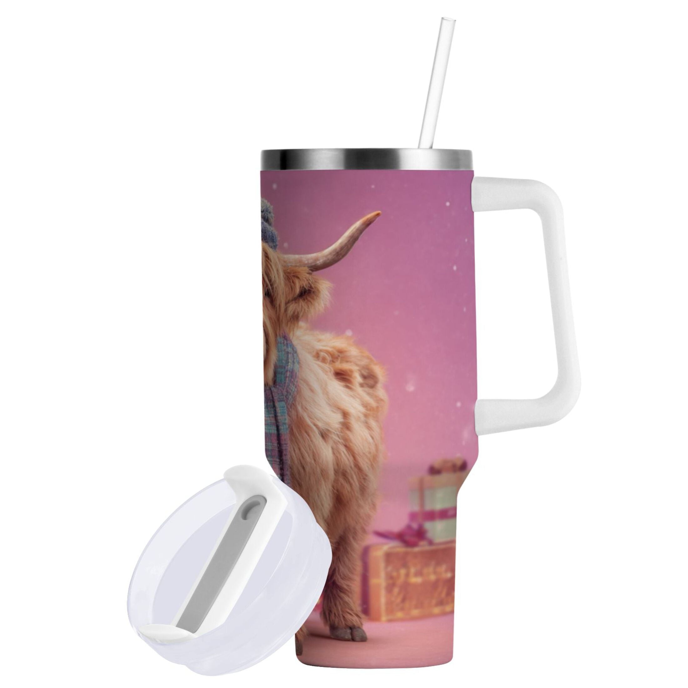 30 oz Insulated Stainless Steel Tumbler Double Wall Stainless Steel Tumbler with 2-Way Drinking Cow Wearing Christmas | QHA8