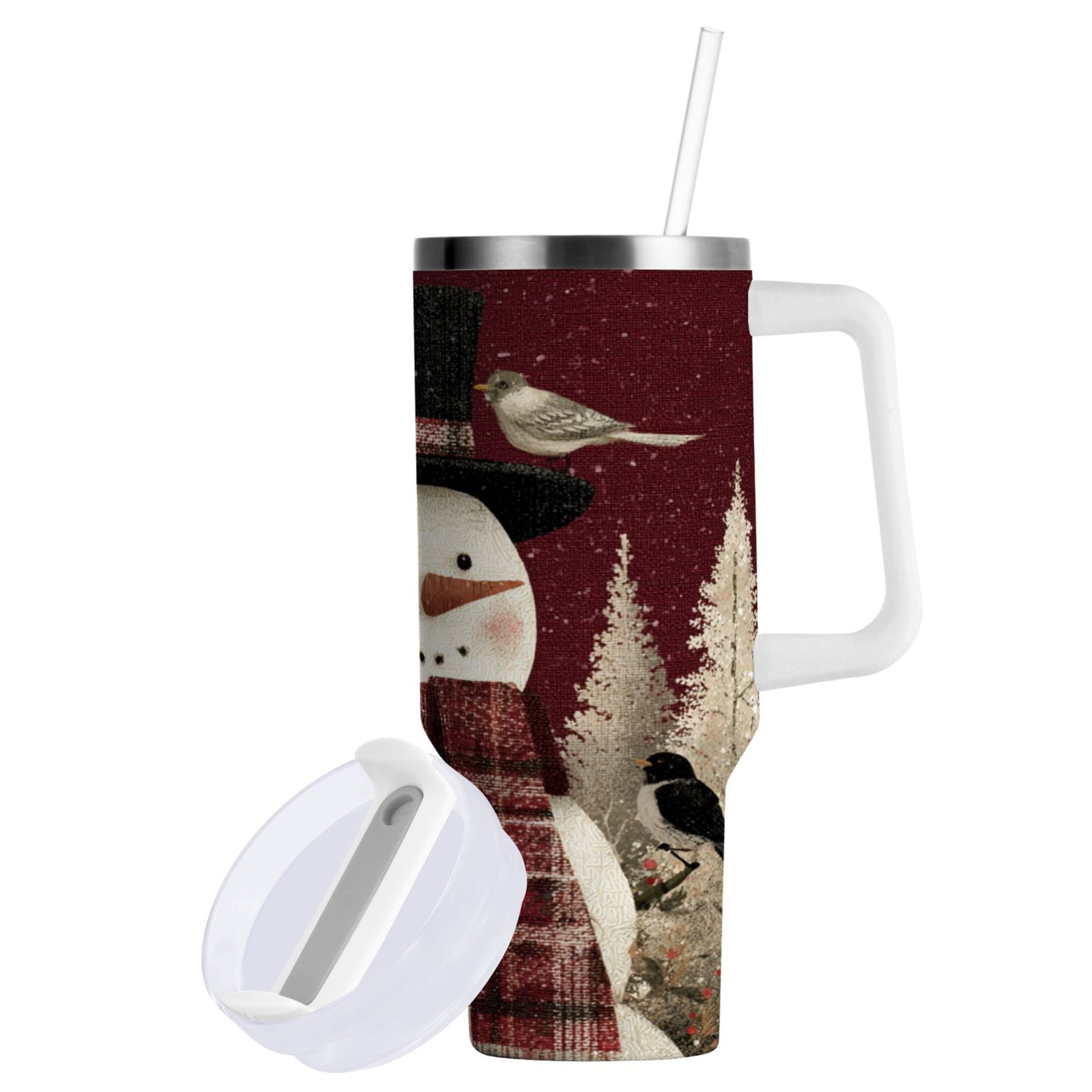 30 oz Insulated Stainless Steel Tumbler Double Wall Stainless Steel Tumbler with 2-Way Drinking Snowman and Birds | Z96A