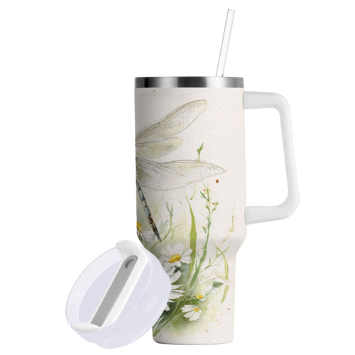 30 oz Insulated Stainless Steel Tumbler Double Wall Stainless Steel Tumbler with 2-Way Drinking Dragonflies with White Daisies | 5IT4
